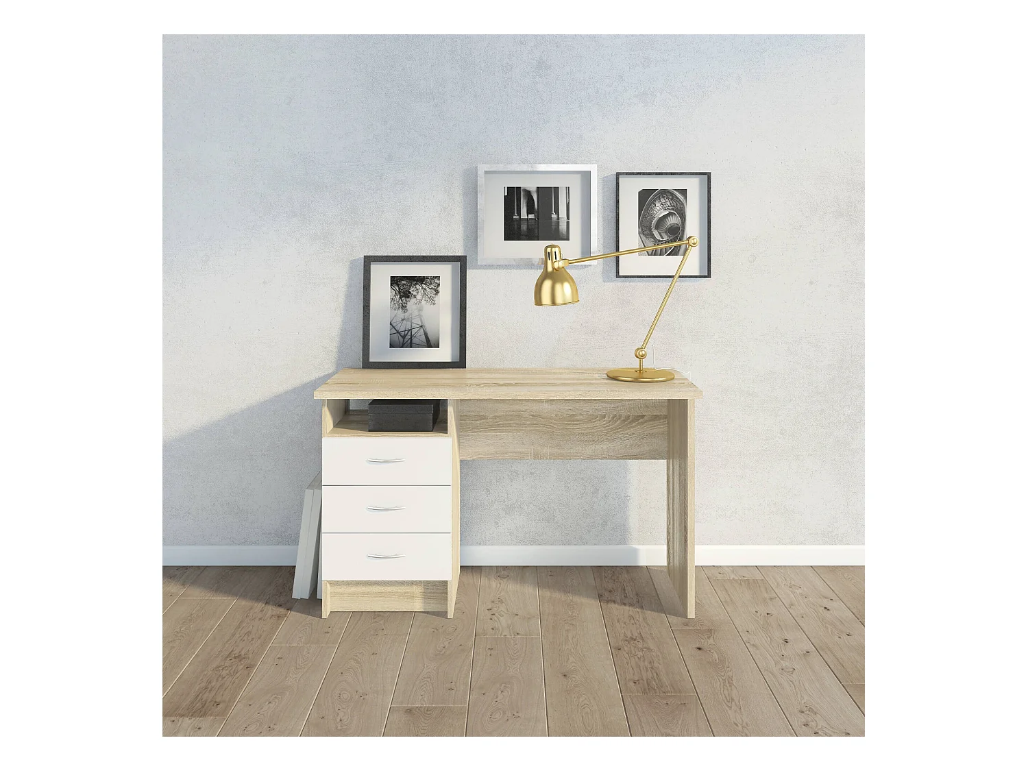 Lineair bureau met drie laden, kleur wit eiken, afmetingen 120 x 72 x 48 cm