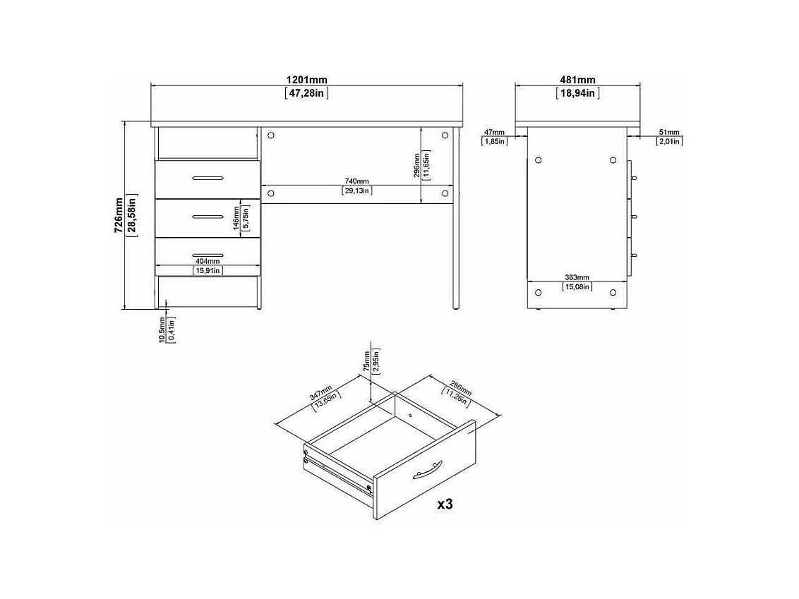 Lineair bureau met drie laden, kleur wit eiken, afmetingen 120 x 72 x 48 cm