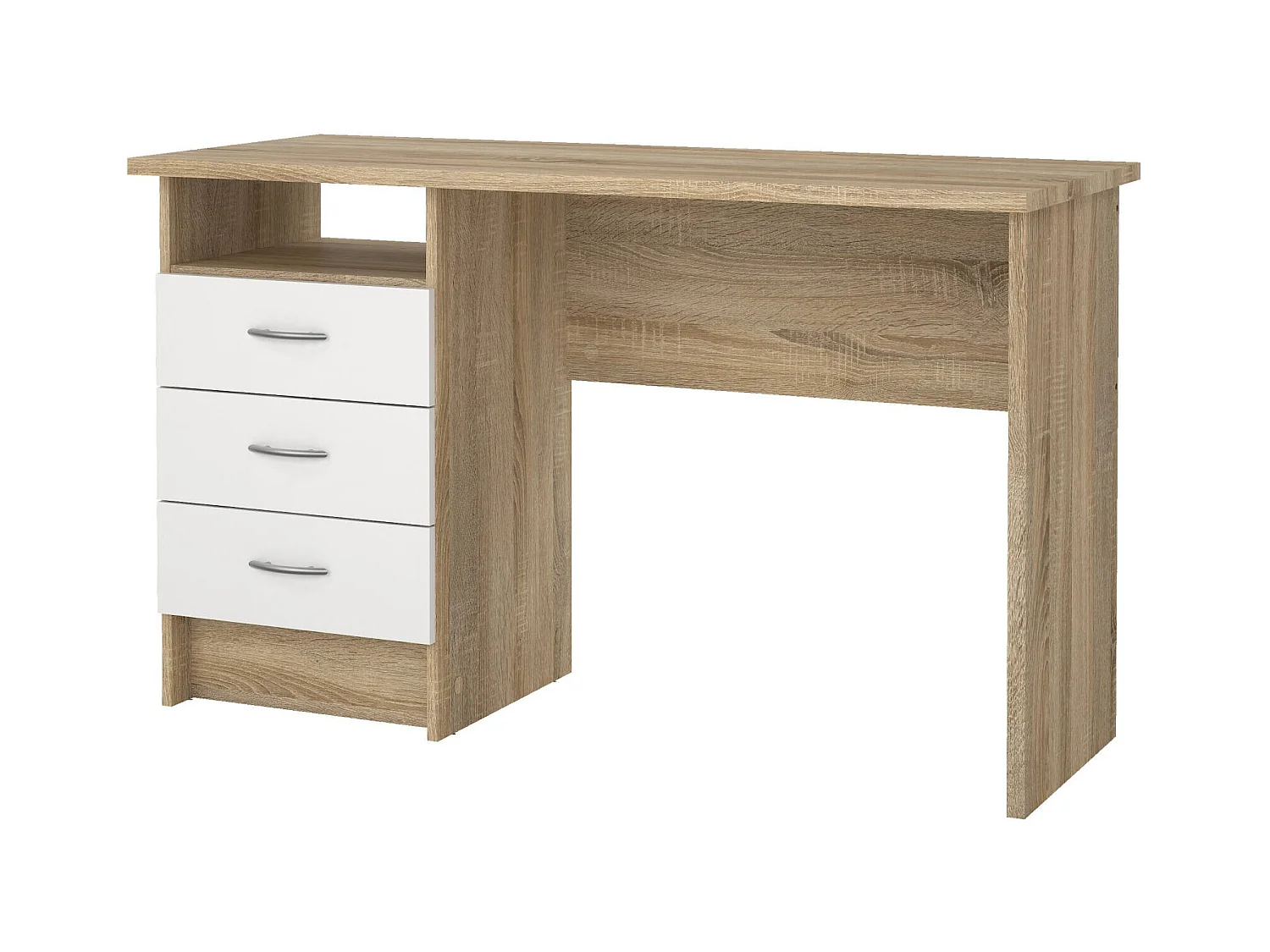 Lineair bureau met drie laden, kleur wit eiken, afmetingen 120 x 72 x 48 cm