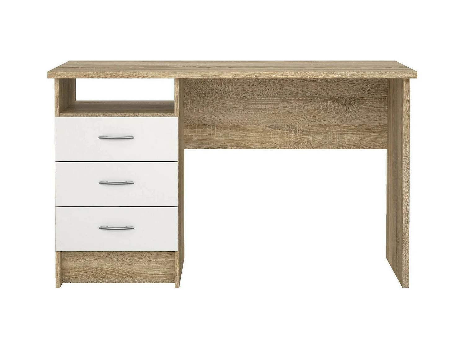 Lineair bureau met drie laden, kleur wit eiken, afmetingen 120 x 72 x 48 cm