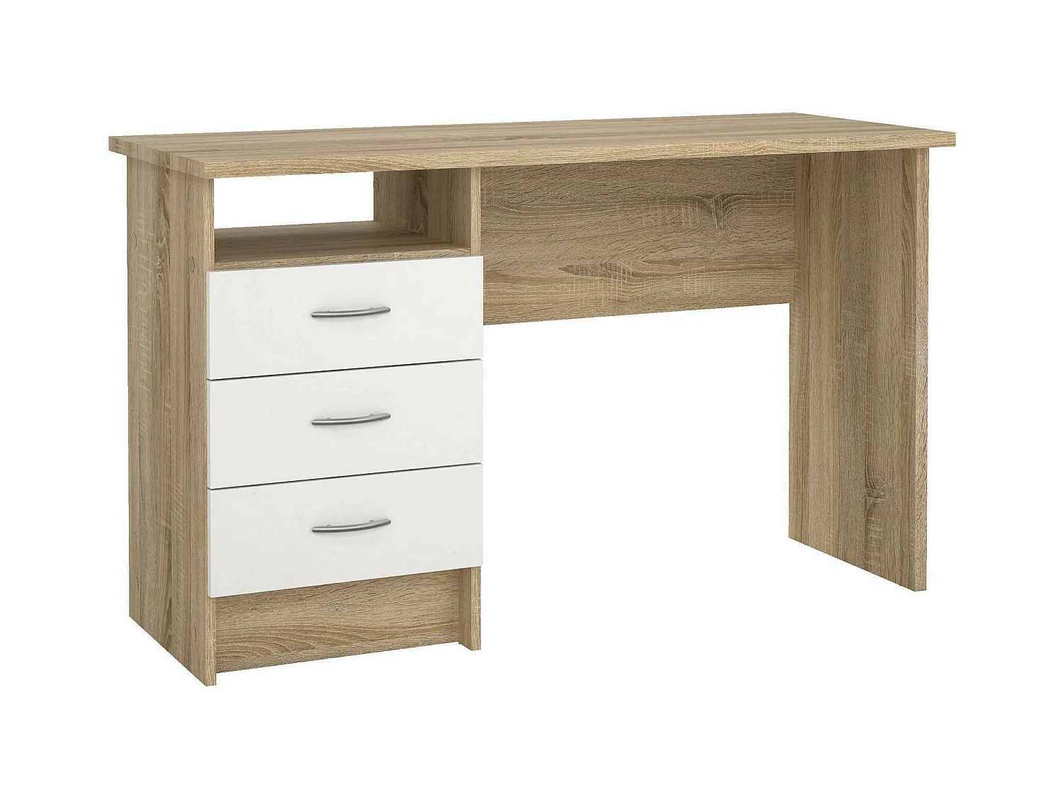 Bureau linéaire à trois tiroirs, couleur chêne blanc, Dimensions 120 x 72 x 48 cm
