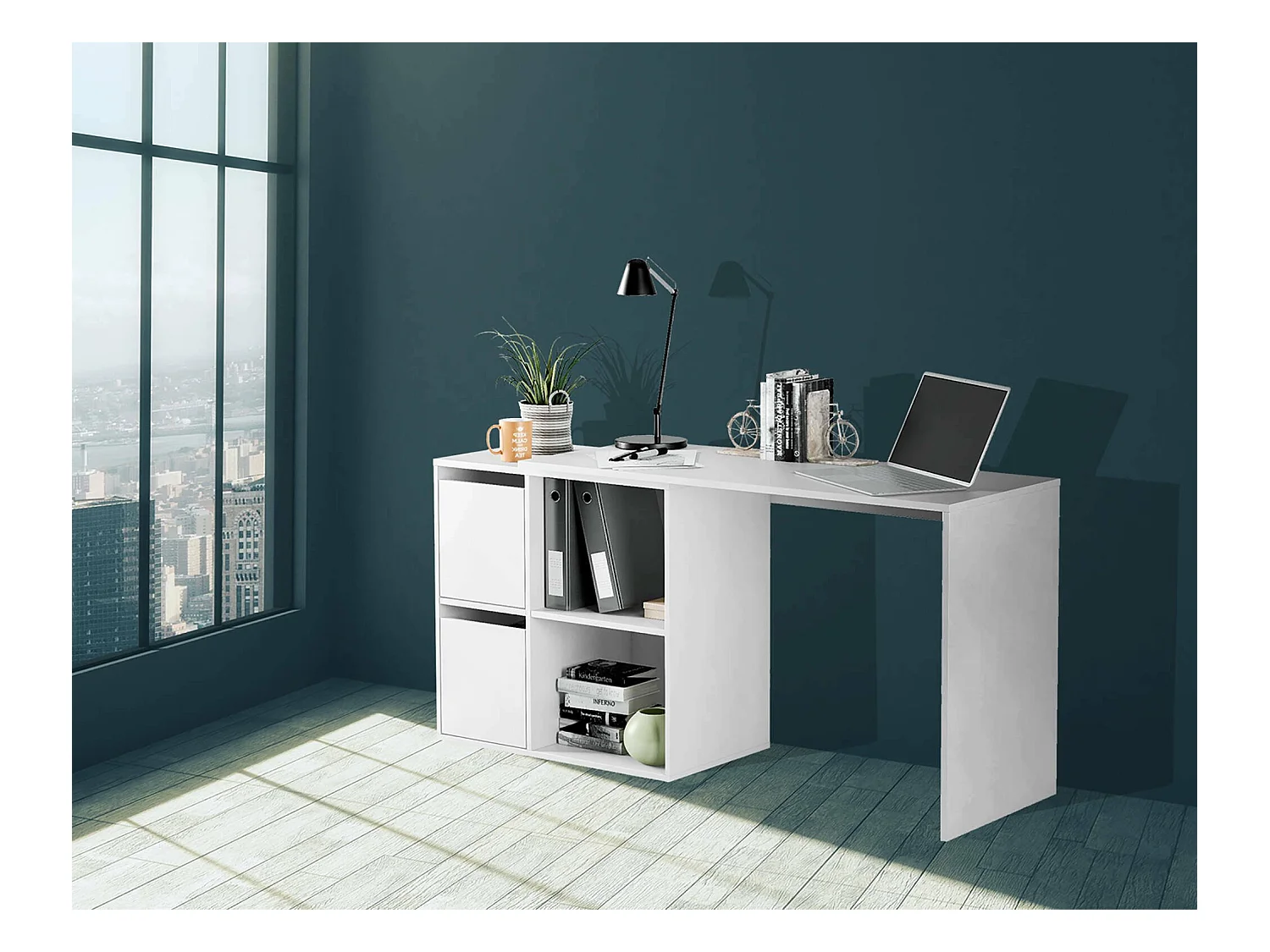 Divkovi Bureau, Modulair multifunctioneel bureau met plank, Multifunctionele studeer- of kantoortafel met hoekmontage, 152x49h74 cm, Wit