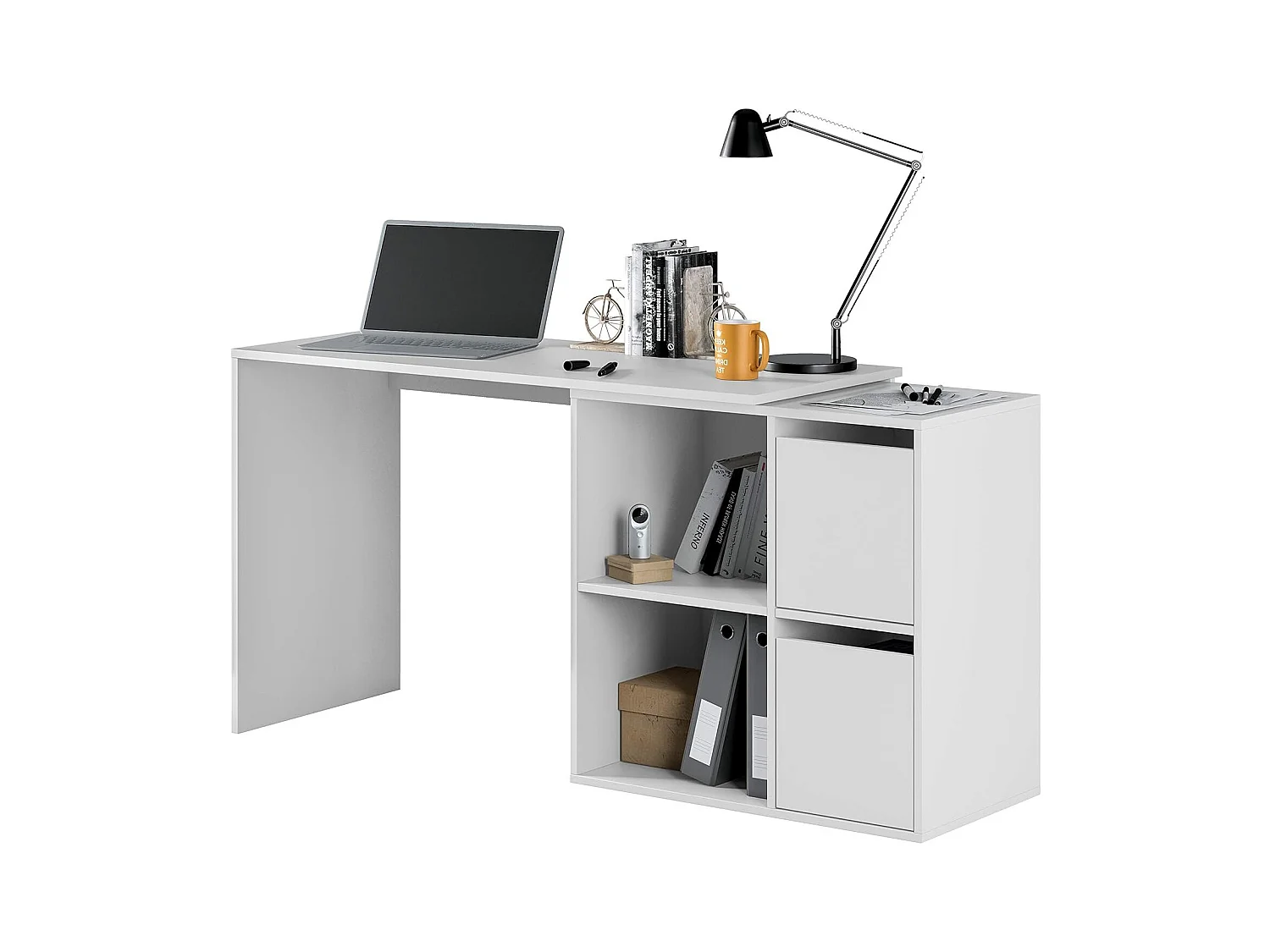 Divkovi Bureau, Modulair multifunctioneel bureau met plank, Multifunctionele studeer- of kantoortafel met hoekmontage, 152x49h74 cm, Wit