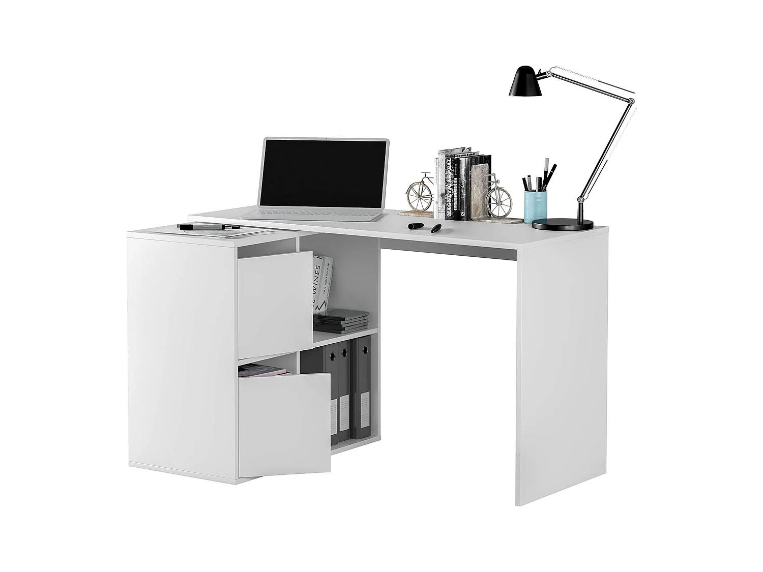 Divkovi Bureau, Modulair multifunctioneel bureau met plank, Multifunctionele studeer- of kantoortafel met hoekmontage, 152x49h74 cm, Wit