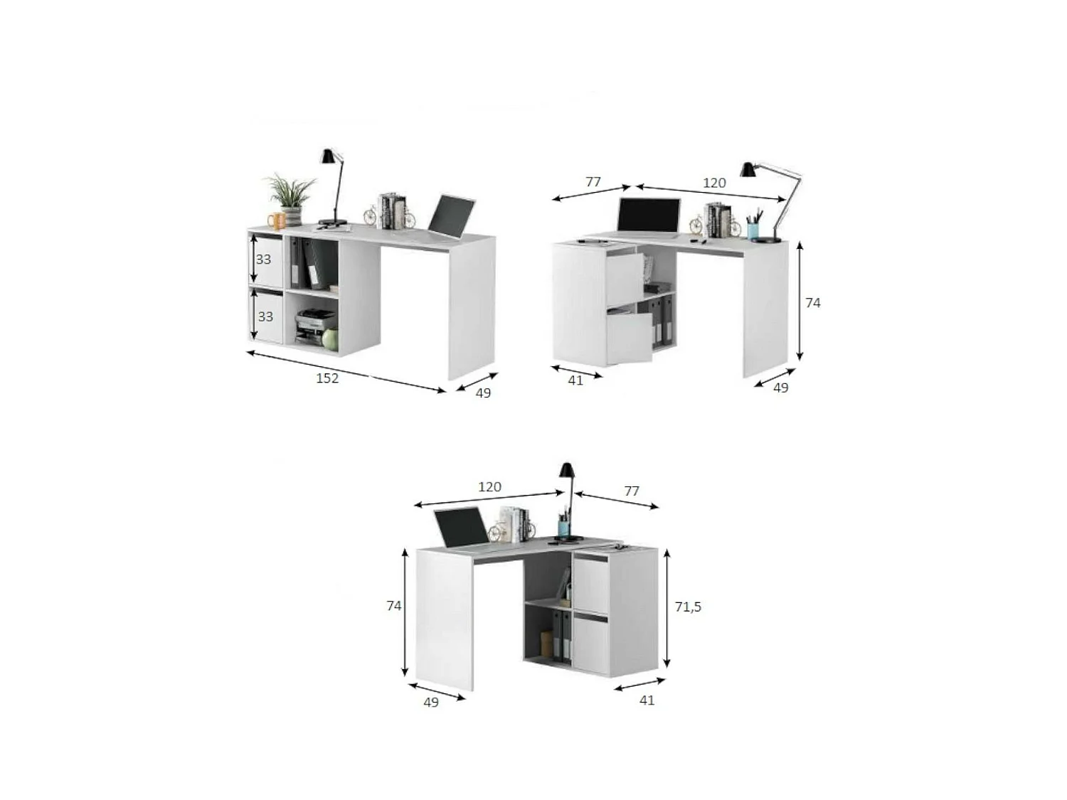 Bureau Divkovi, Bureau multifonction modulaire avec étagère, Table d'étude ou de bureau multi-positions avec montage en coin, 152x49h74 cm, Blanc