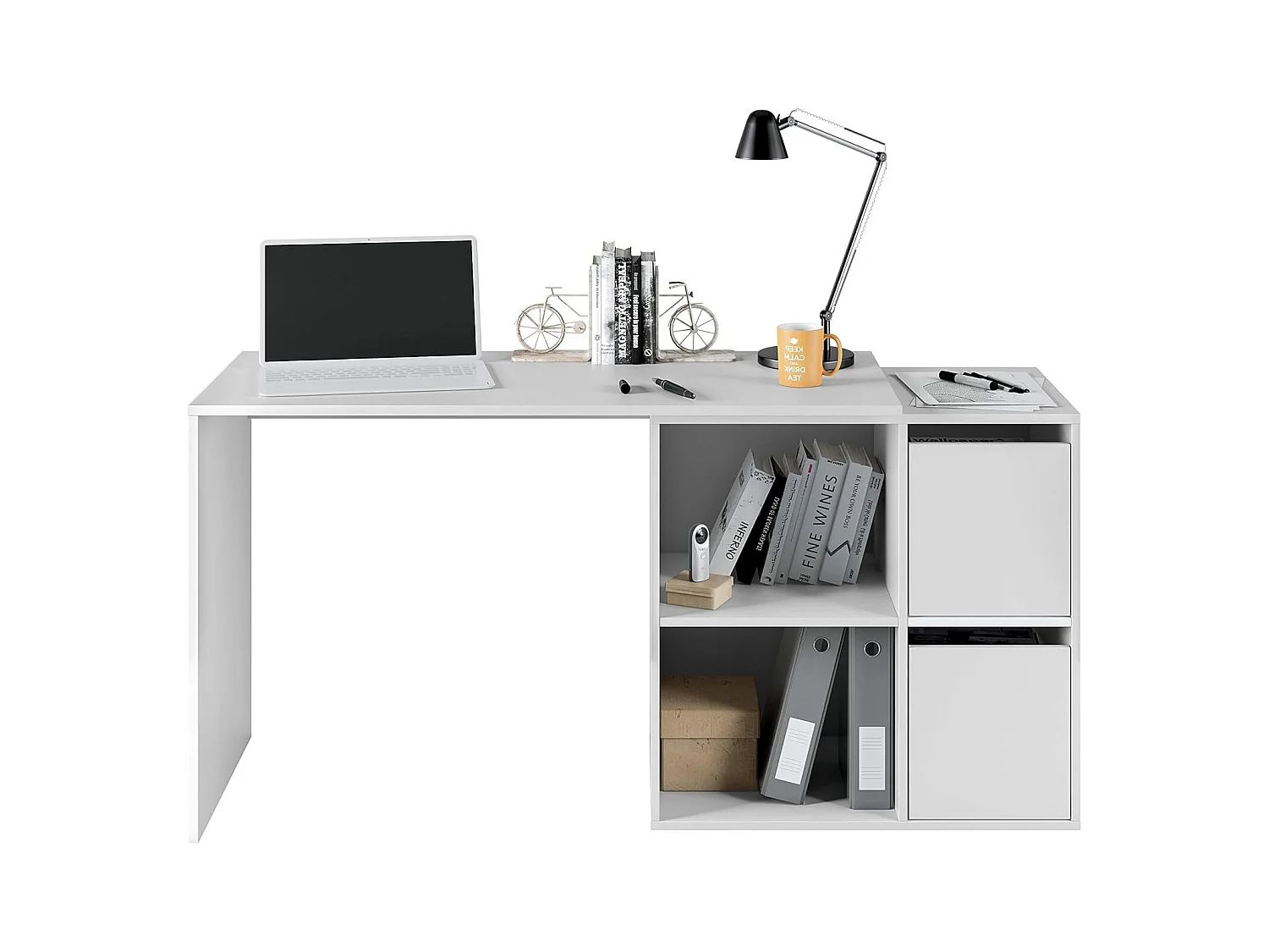 Bureau Divkovi, Bureau multifonction modulaire avec étagère, Table d'étude ou de bureau multi-positions avec montage en coin, 152x49h74 cm, Blanc