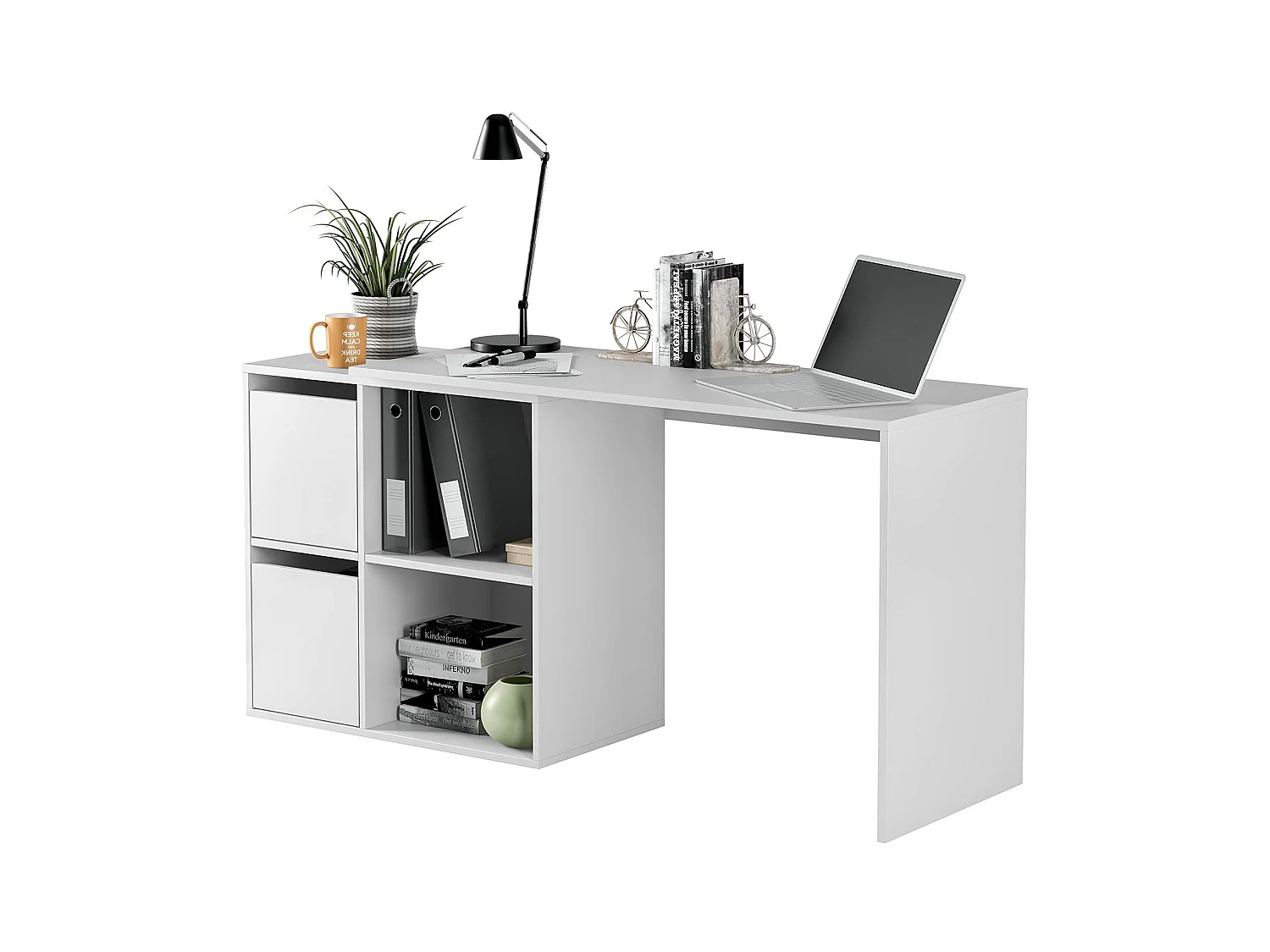 Bureau Divkovi, Bureau multifonction modulaire avec étagère, Table d'étude ou de bureau multi-positions avec montage en coin, 152x49h74 cm, Blanc