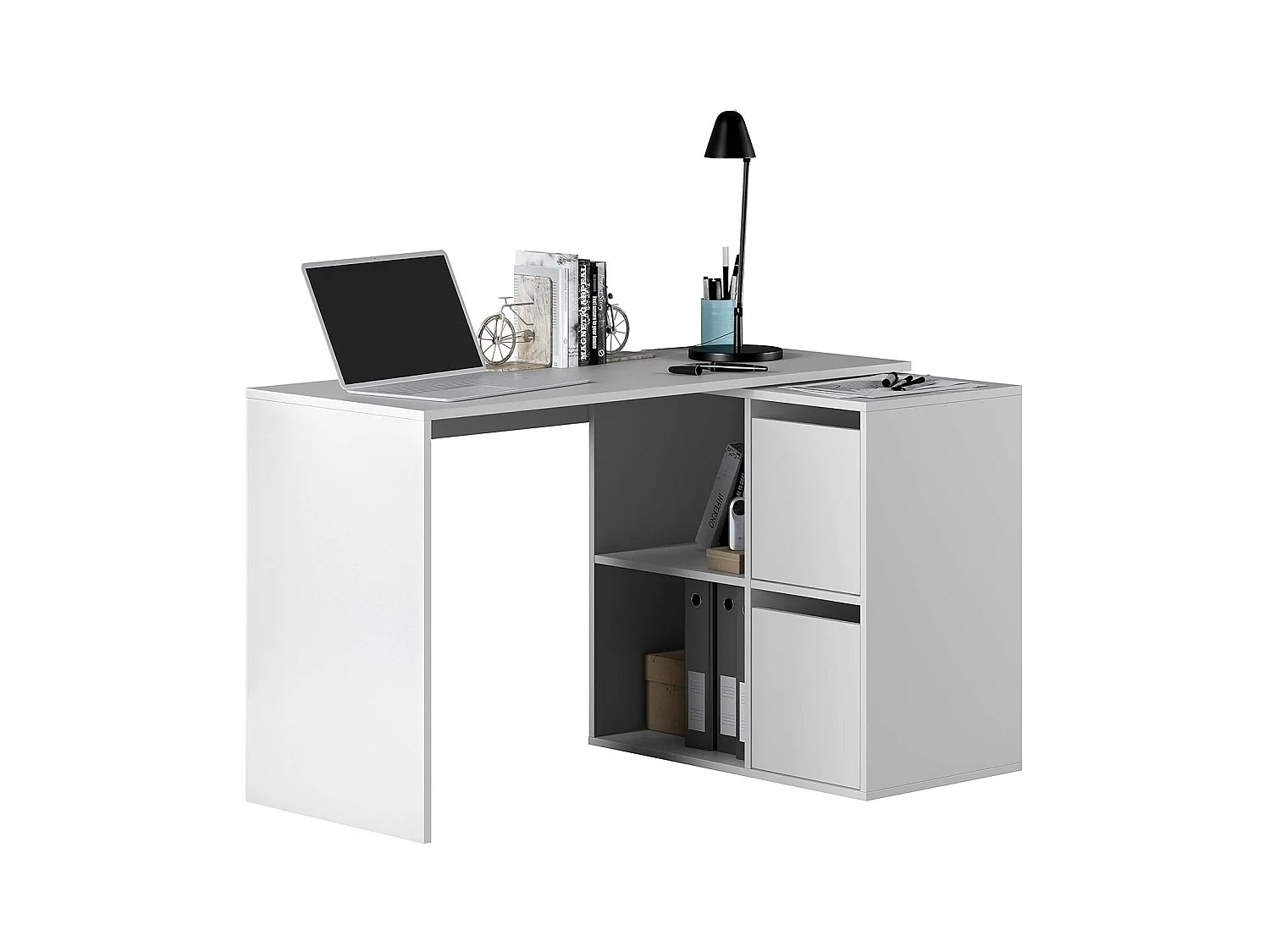 Bureau Divkovi, Bureau multifonction modulaire avec étagère, Table d'étude ou de bureau multi-positions avec montage en coin, 152x49h74 cm, Blanc