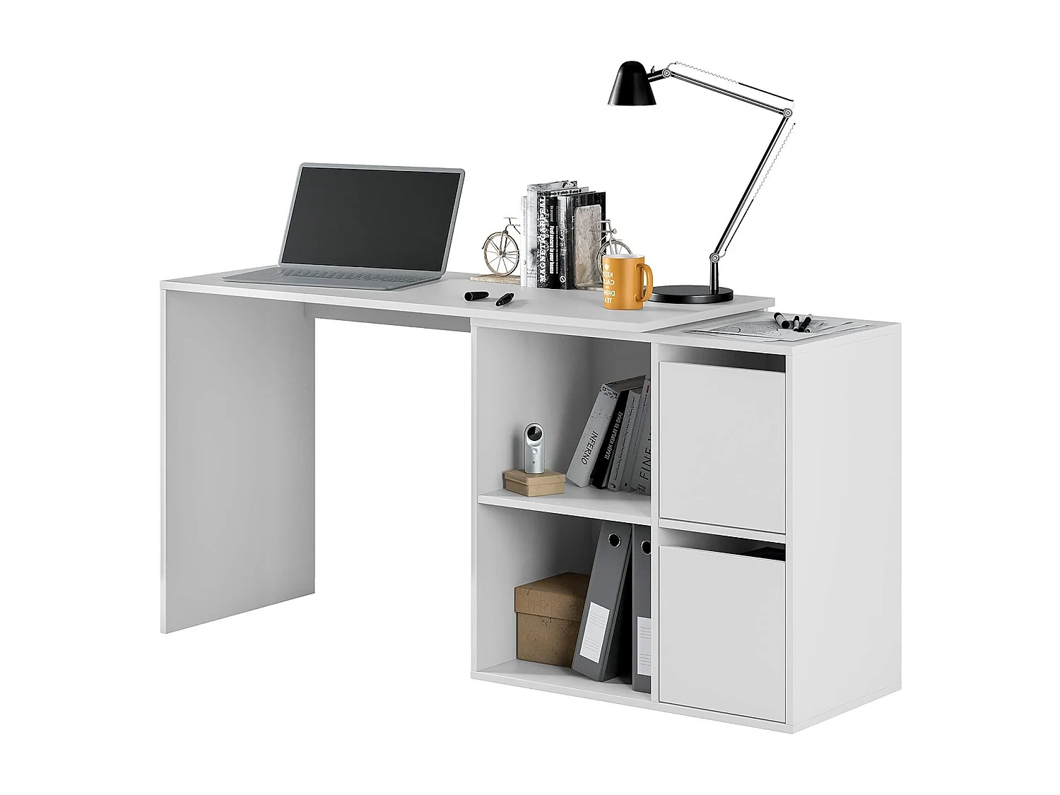 Bureau Divkovi, Bureau multifonction modulaire avec étagère, Table d'étude ou de bureau multi-positions avec montage en coin, 152x49h74 cm, Blanc