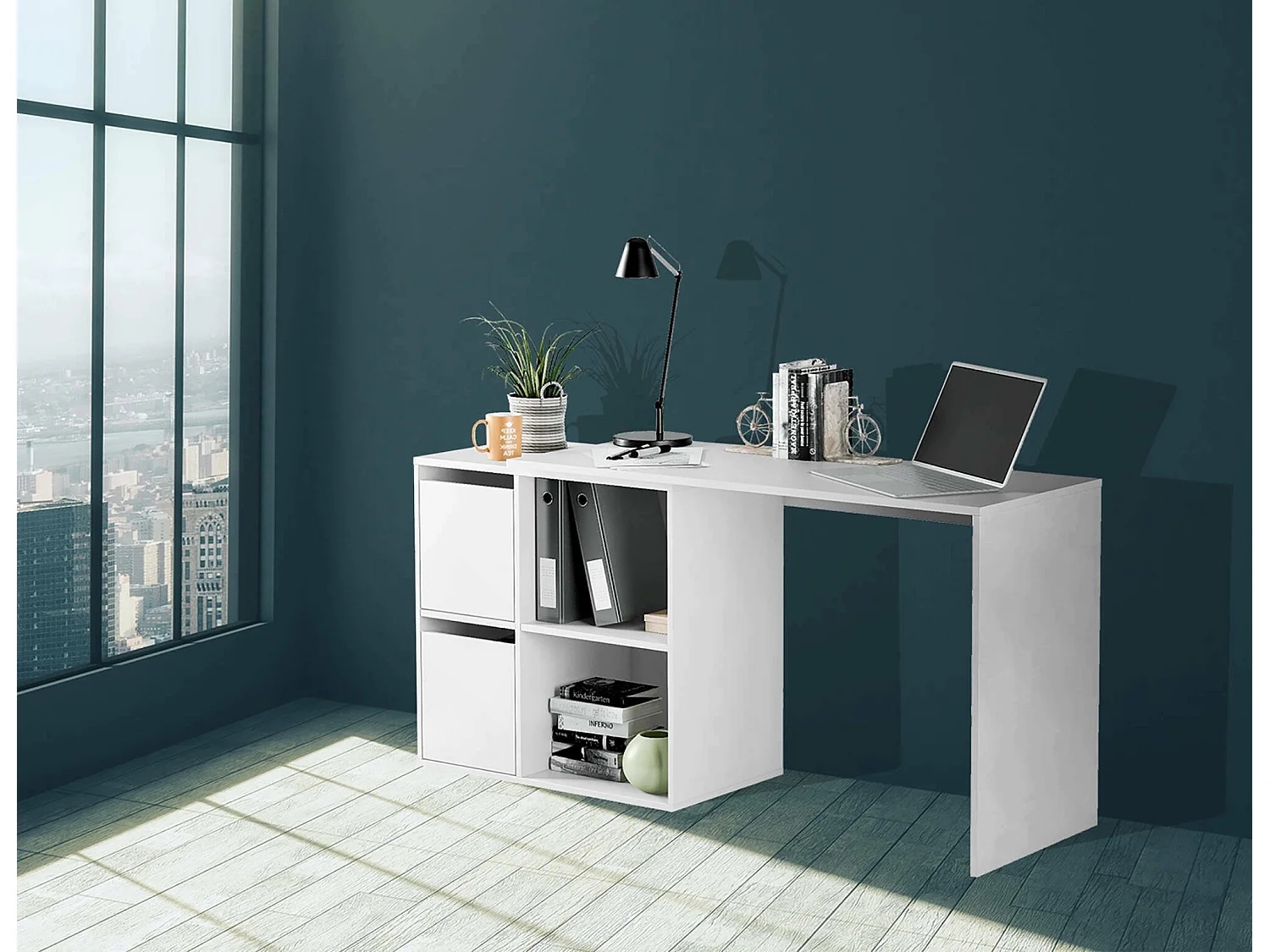 Divkovi Bureau, Modulair multifunctioneel bureau met plank, Multifunctionele studeer- of kantoortafel met hoekmontage, 152x49h74 cm, Wit