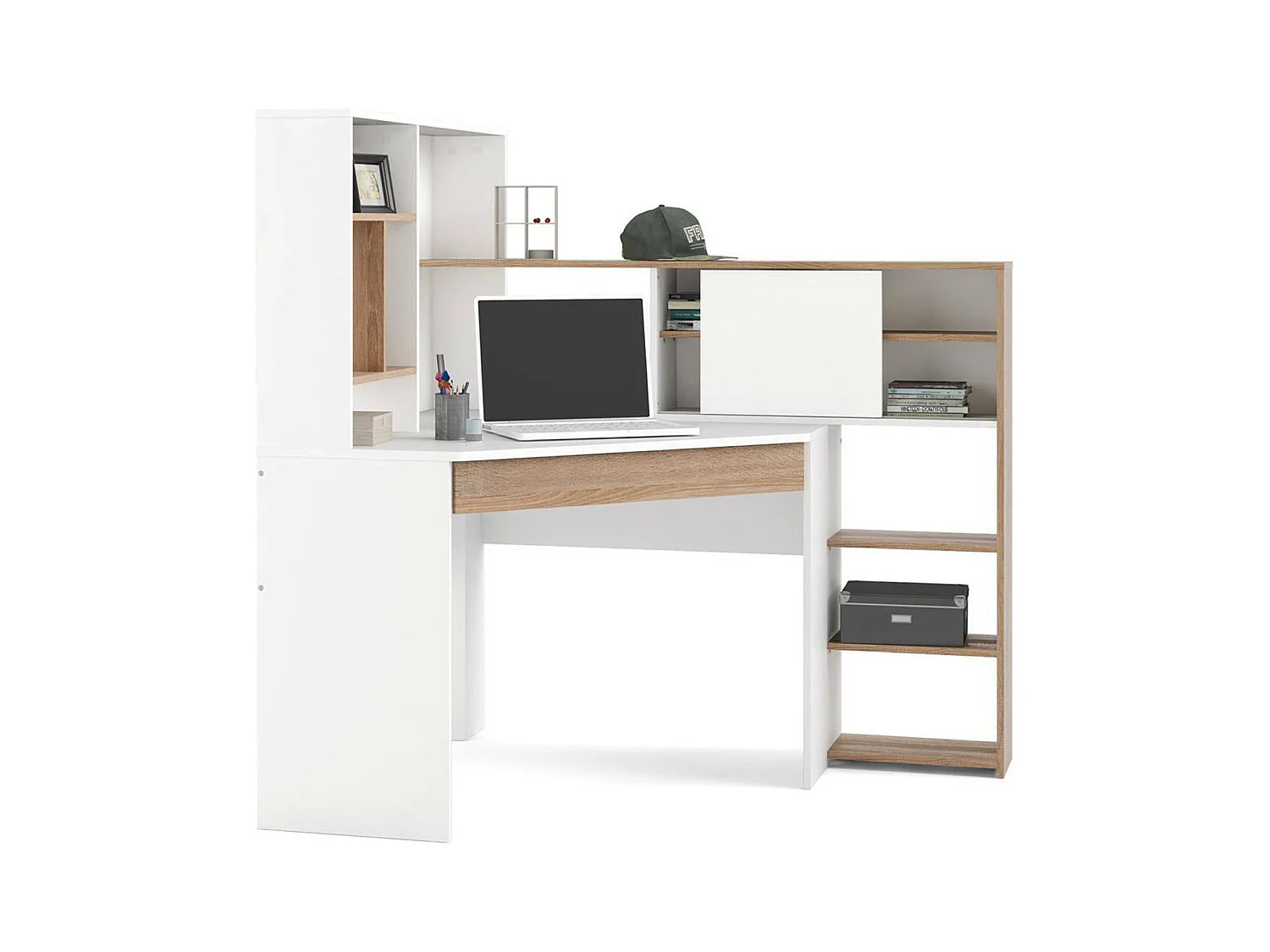 Bureau d'angle avec bibliothèque, coloris blanc et chêne, 138 x 141 x 101 cm