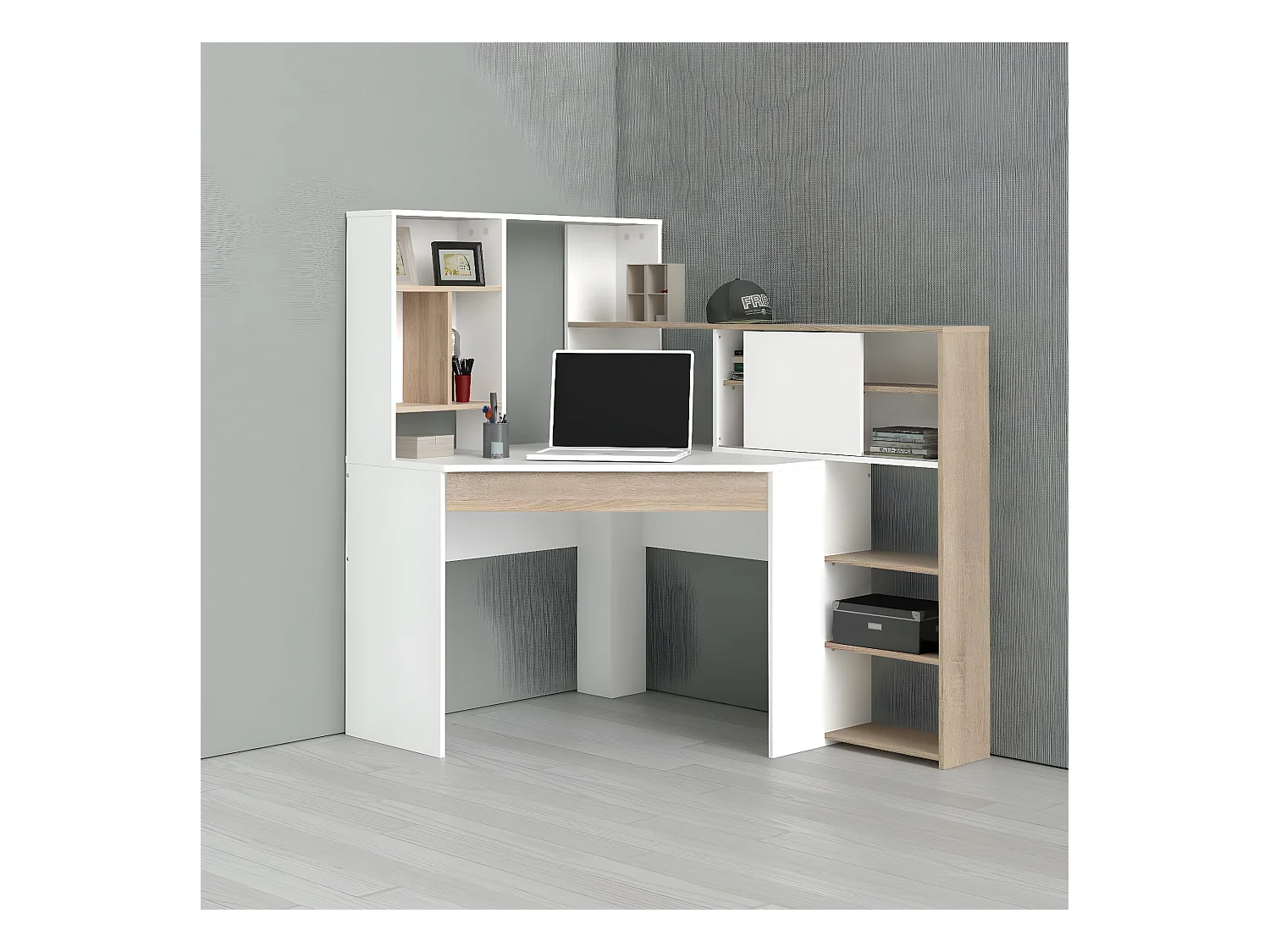 Bureau d'angle avec bibliothèque, coloris blanc et chêne, 138 x 141 x 101 cm