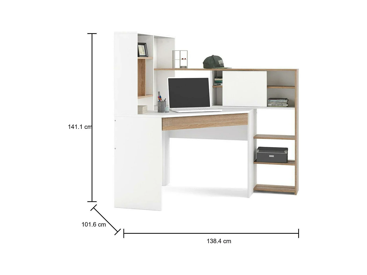 Bureau d'angle avec bibliothèque, coloris blanc et chêne, 138 x 141 x 101 cm