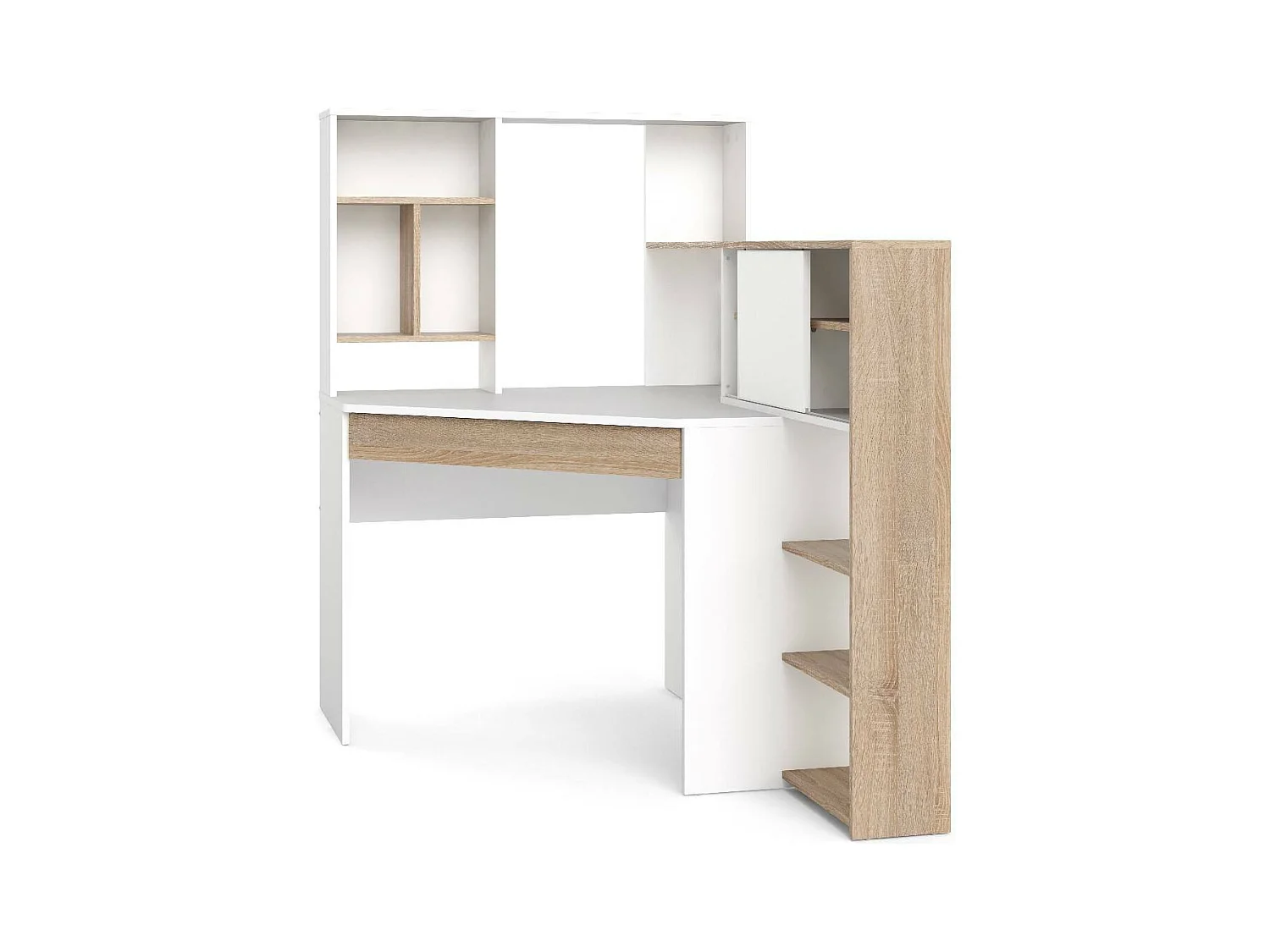 Bureau d'angle avec bibliothèque, coloris blanc et chêne, 138 x 141 x 101 cm