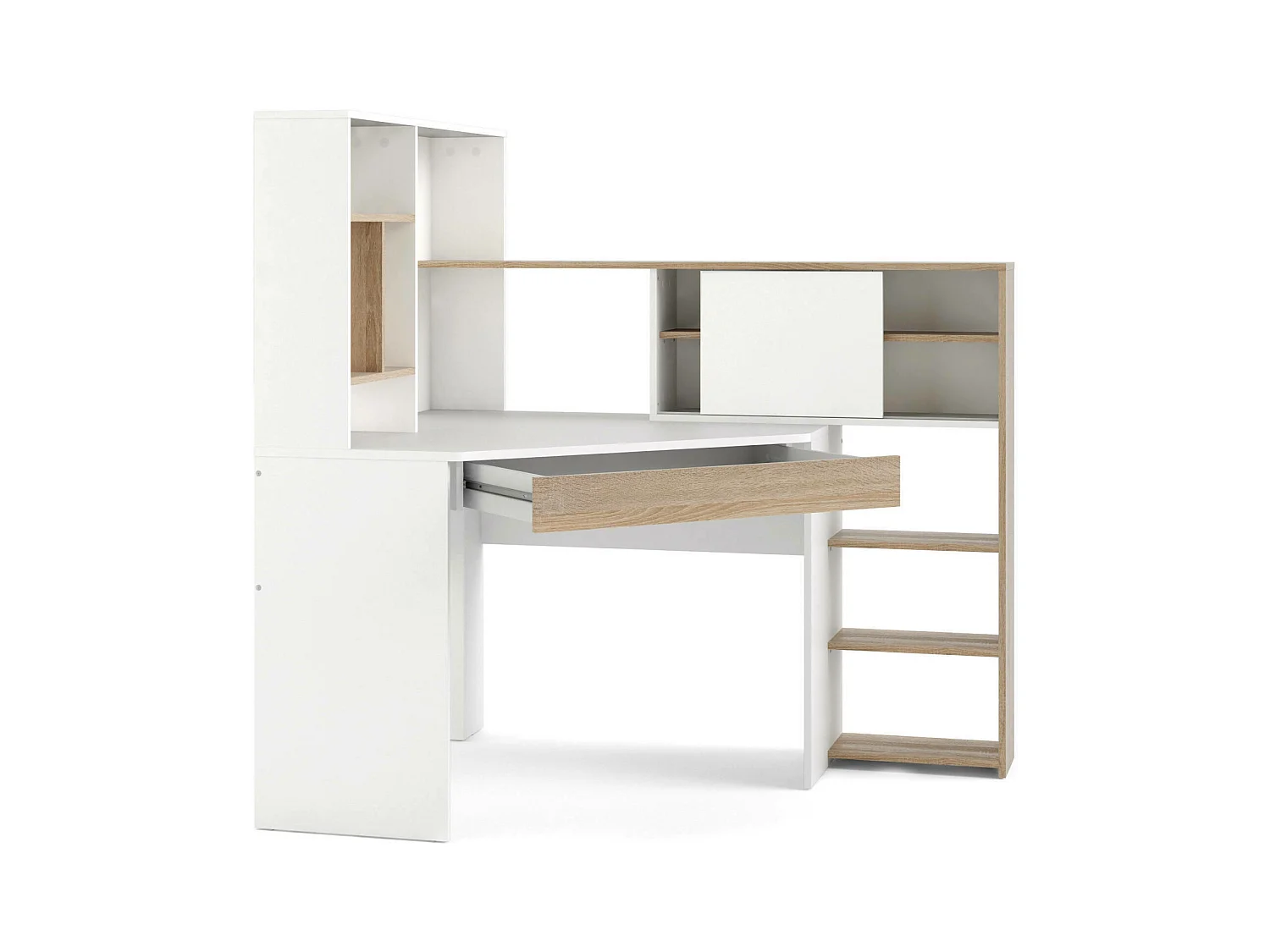 Bureau d'angle avec bibliothèque, coloris blanc et chêne, 138 x 141 x 101 cm