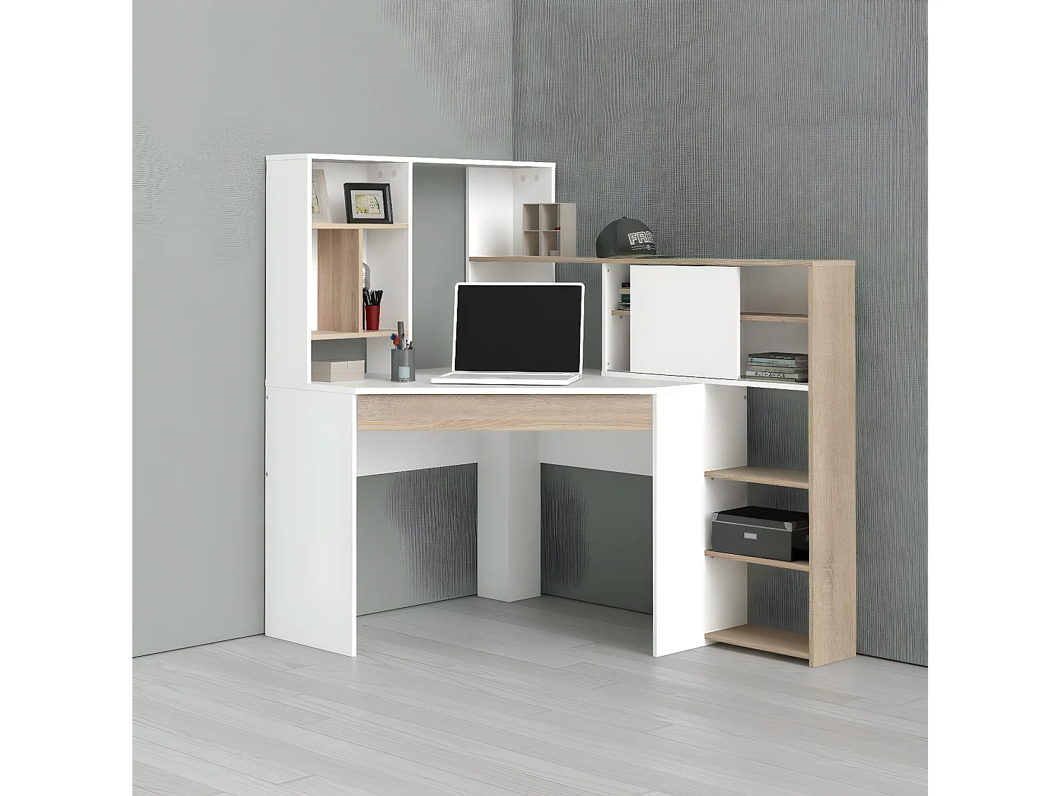 Bureau d'angle avec bibliothèque, coloris blanc et chêne, 138 x 141 x 101 cm