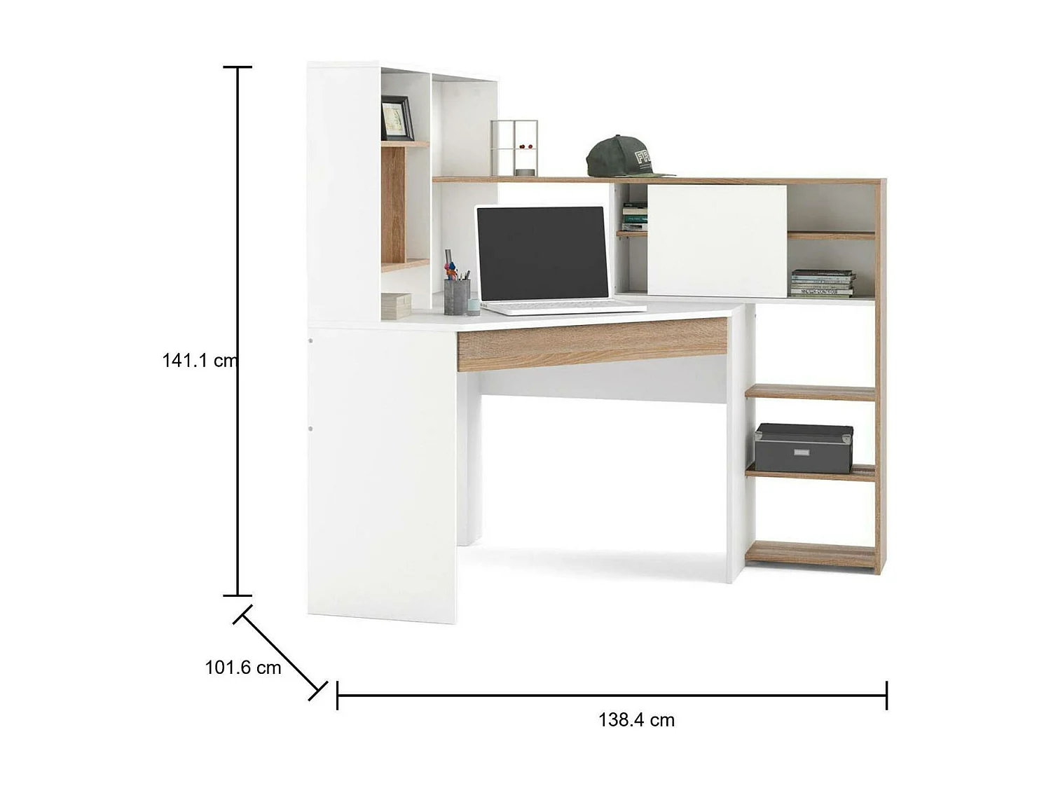 Bureau d'angle avec bibliothèque, coloris blanc et chêne, 138 x 141 x 101 cm