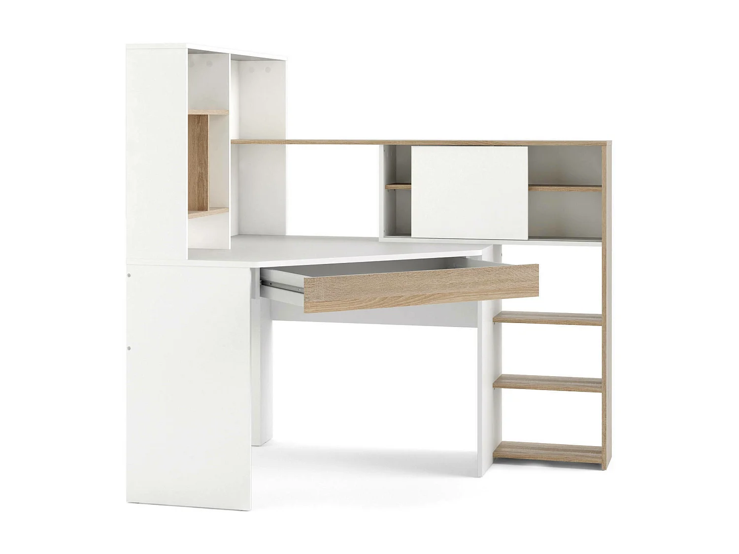 Bureau d'angle avec bibliothèque, coloris blanc et chêne, 138 x 141 x 101 cm