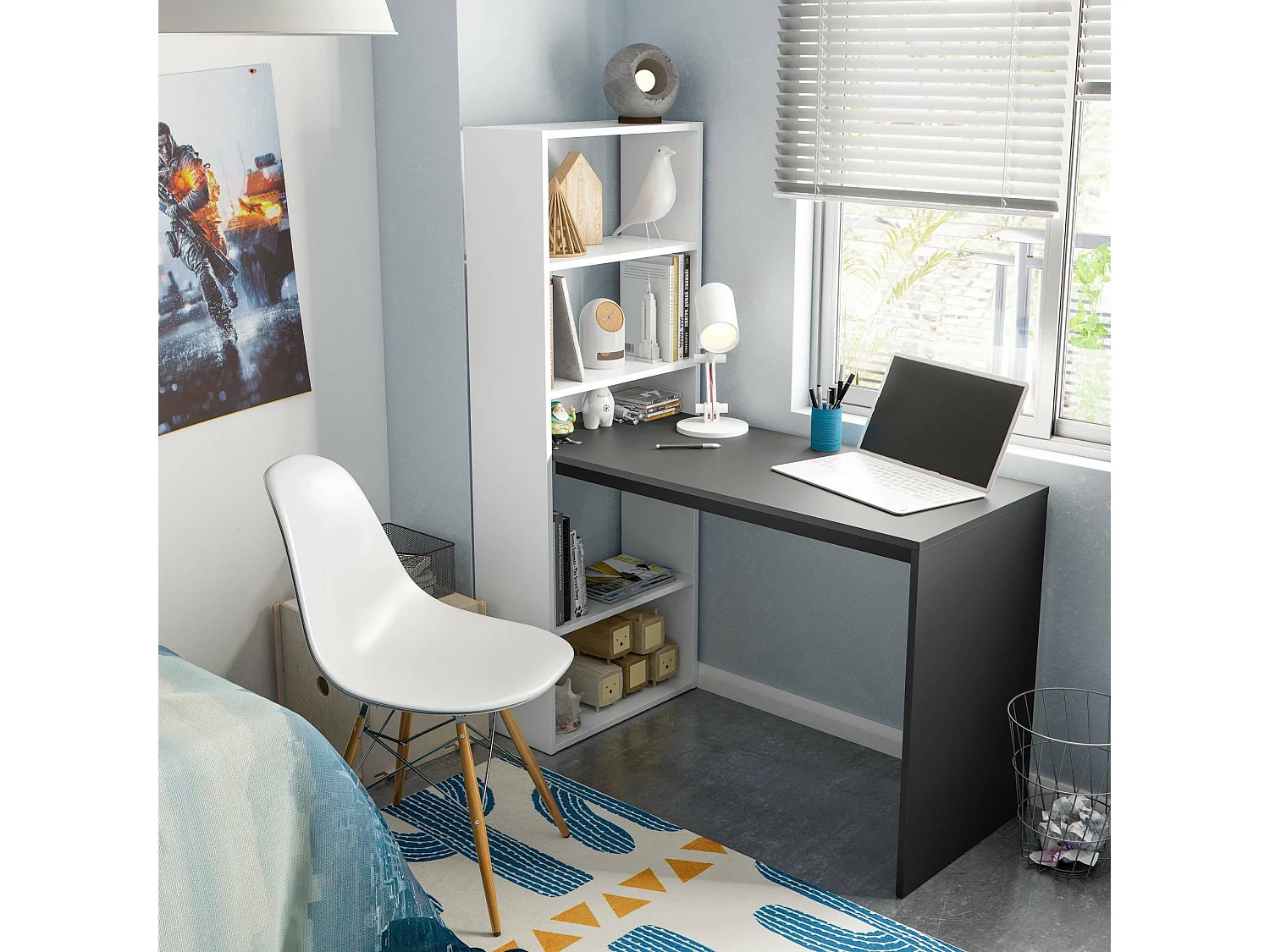 Dacarte Bureau, Omkeerbaar multifunctioneel bureau met boekenkast met 5 planken, Studeer- of kantoortafel voor pc-boekenhouder, 120x53h144 cm, Wit en antraciet