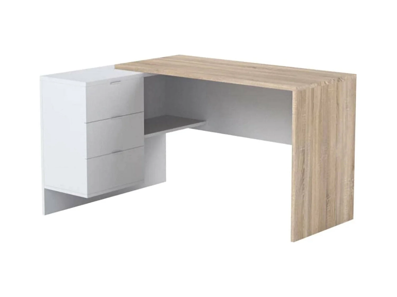 Dafage Desk, multifunctioneel omkeerbaar bureau met laden, hoek-pc-studeer- of kantoortafel, 145x108h73 cm, eiken en wit
