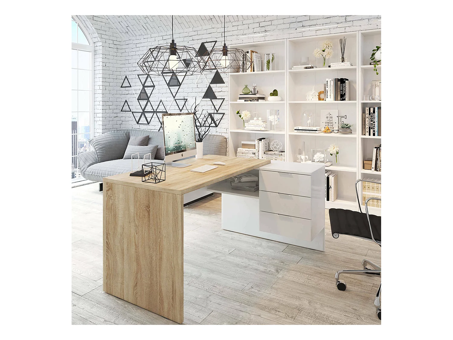 Dafage Desk, multifunctioneel omkeerbaar bureau met laden, hoek-pc-studeer- of kantoortafel, 145x108h73 cm, eiken en wit