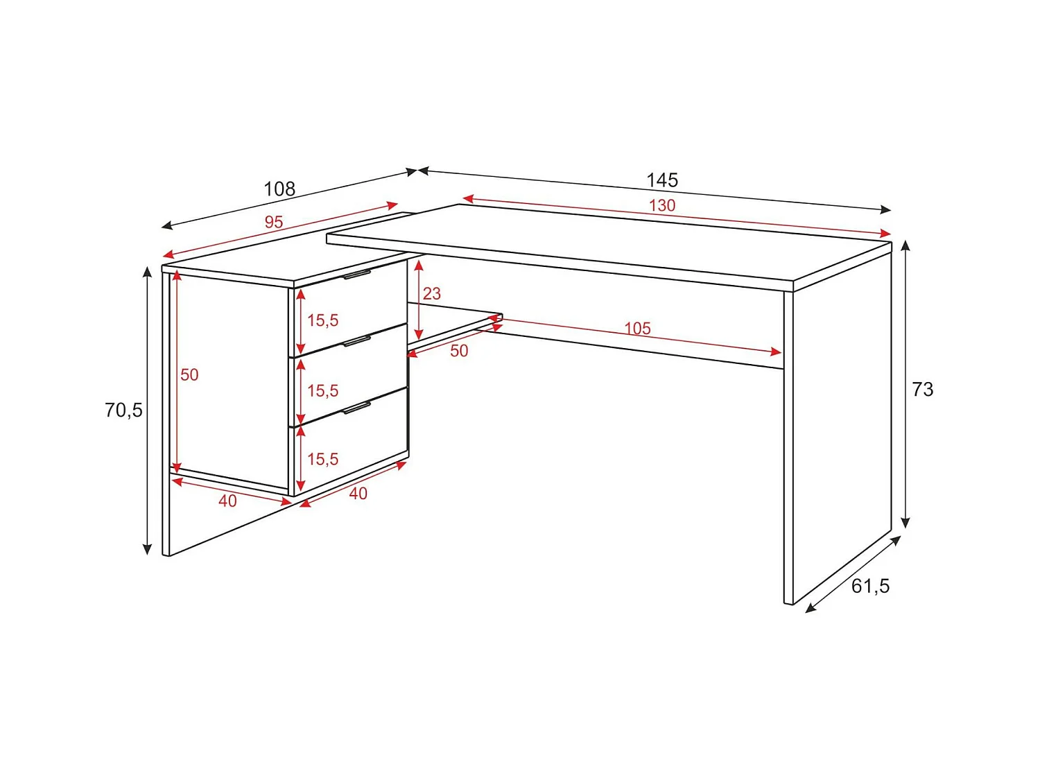 Dafage Desk, multifunctioneel omkeerbaar bureau met laden, hoek-pc-studeer- of kantoortafel, 145x108h73 cm, eiken en wit