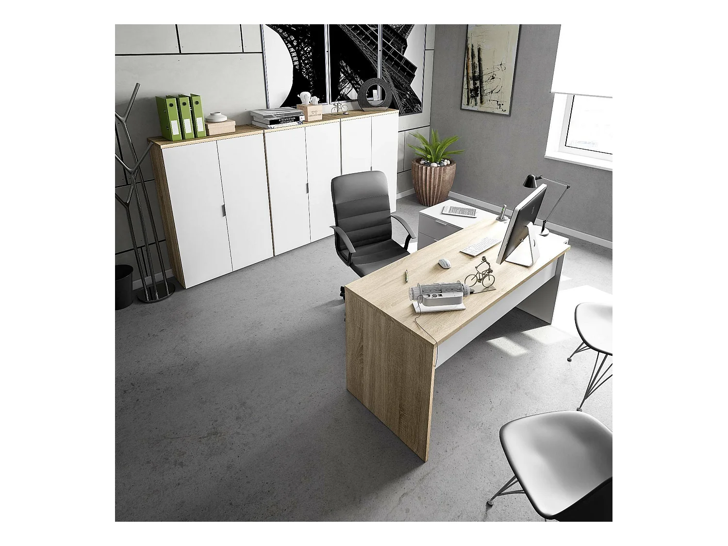 Dafage Desk, multifunctioneel omkeerbaar bureau met laden, hoek-pc-studeer- of kantoortafel, 145x108h73 cm, eiken en wit