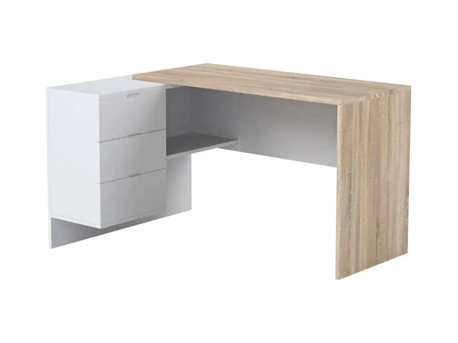 Dafage Desk, multifunctioneel omkeerbaar bureau met laden, hoek-pc-studeer- of kantoortafel, 145x108h73 cm, eiken en wit