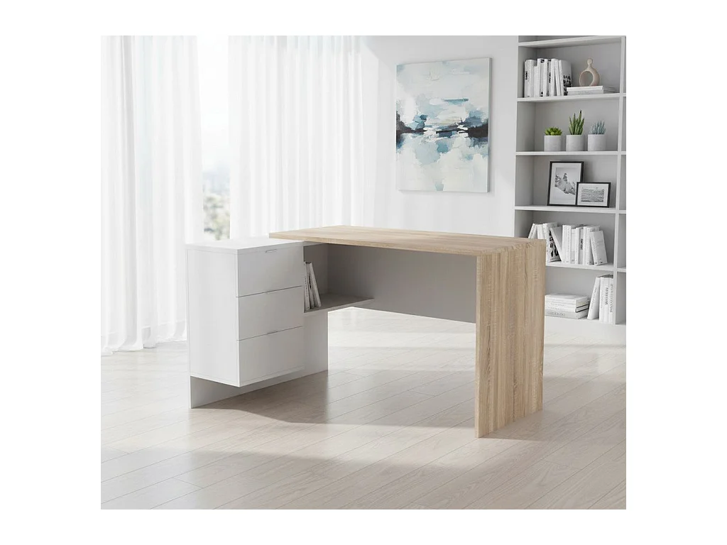 Dafage Desk, multifunctioneel omkeerbaar bureau met laden, hoek-pc-studeer- of kantoortafel, 145x108h73 cm, eiken en wit