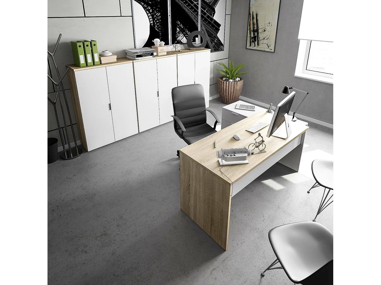 Schreibtisch Dafage, Wendeschreibtisch mit Kommode, Eckstudie oder Büro-PC-Tisch, 145x108h73 cm, Eiche und WeiÃŸ