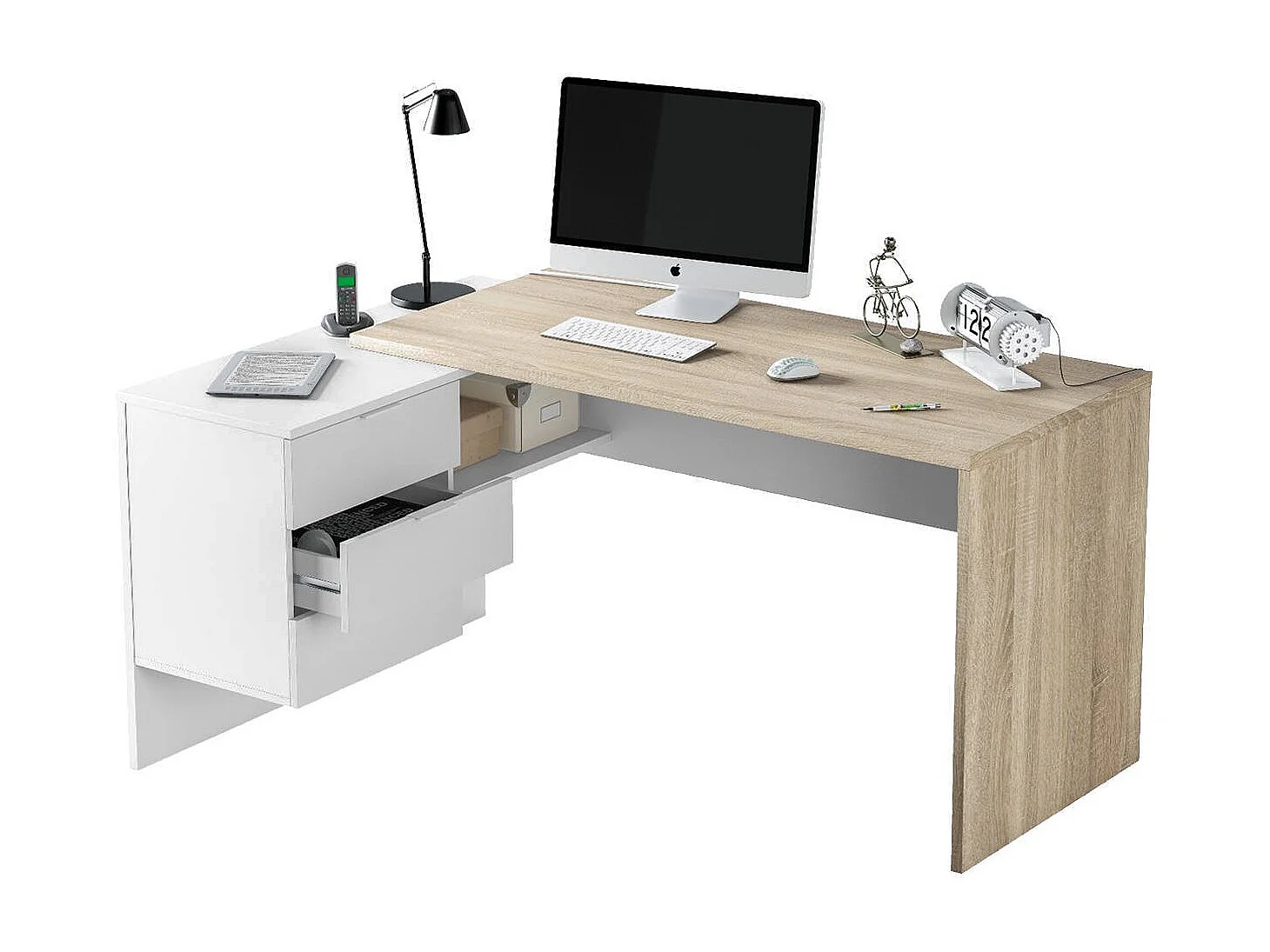 Bureau Dafage, Bureau réversible multifonctionnel avec tiroirs, Bureau d'angle avec support PC ou table de bureau, 145x108h73 cm, Chêne et Blanc