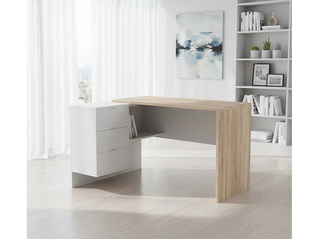 Bureau Dafage, Bureau réversible multifonctionnel avec tiroirs, Bureau d'angle avec support PC ou table de bureau, 145x108h73 cm, Chêne et Blanc