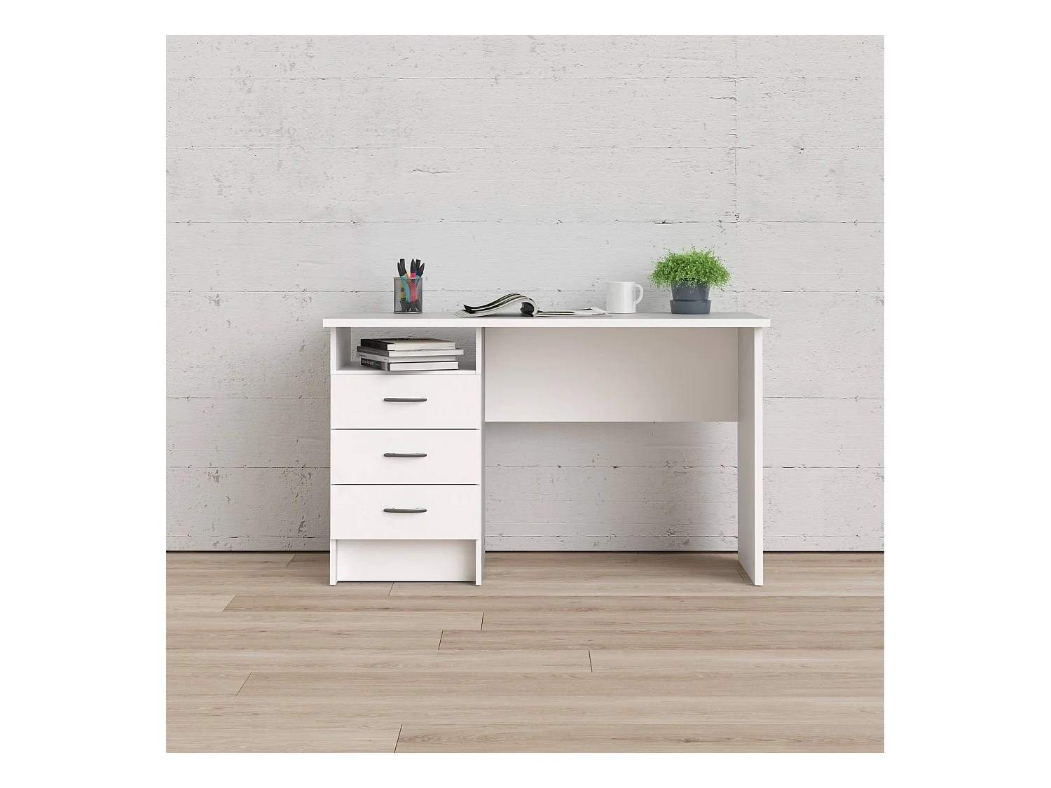 Lineair bureau met drie laden, kleur wit, afmetingen 120 x 72 x 48 cm