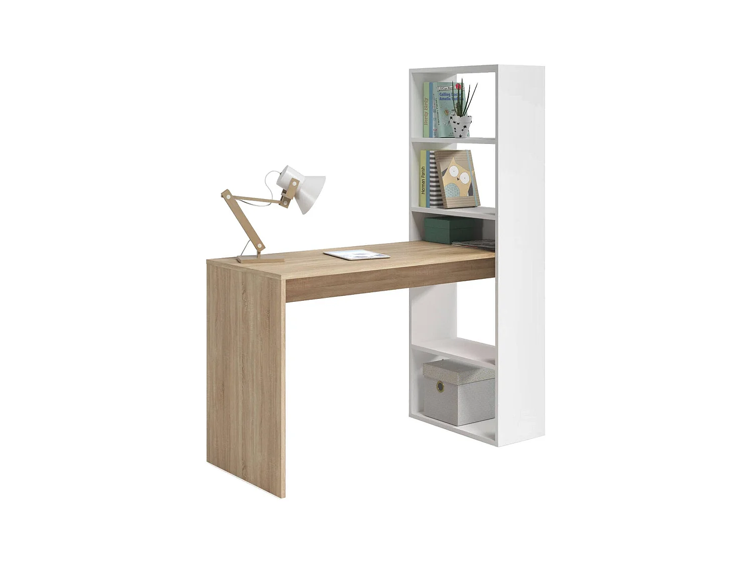 Bureau Dacarte, Bureau multifonction réversible avec bibliothèque 5 étagères, Table d'étude ou de bureau pour support livre PC, 120x53h144 cm, Blanc et Chêne