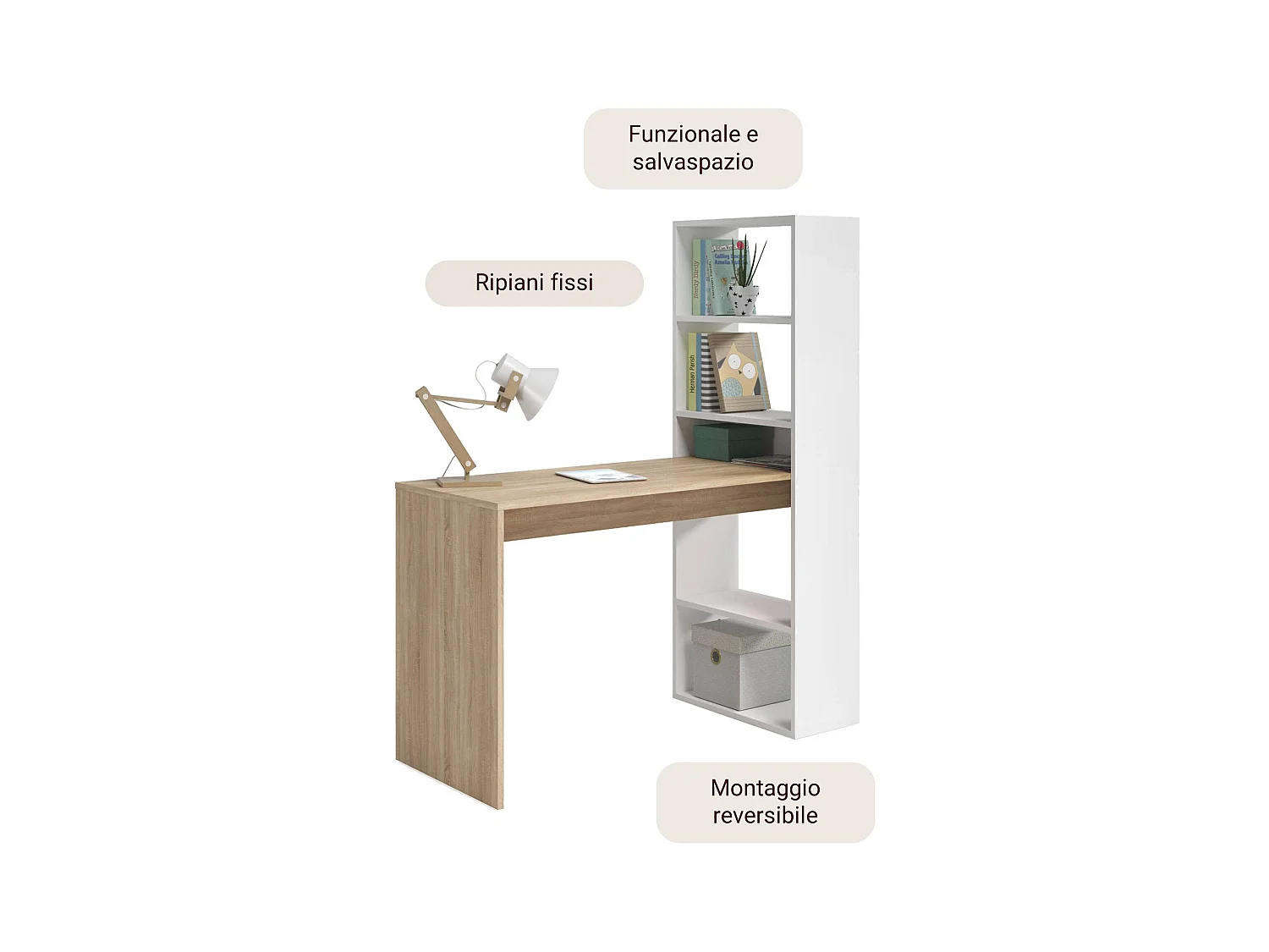 Bureau Dacarte, Bureau multifonction réversible avec bibliothèque 5 étagères, Table d'étude ou de bureau pour support livre PC, 120x53h144 cm, Blanc et Chêne