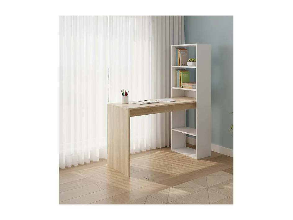Bureau Dacarte, Bureau multifonction réversible avec bibliothèque 5 étagères, Table d'étude ou de bureau pour support livre PC, 120x53h144 cm, Blanc et Chêne