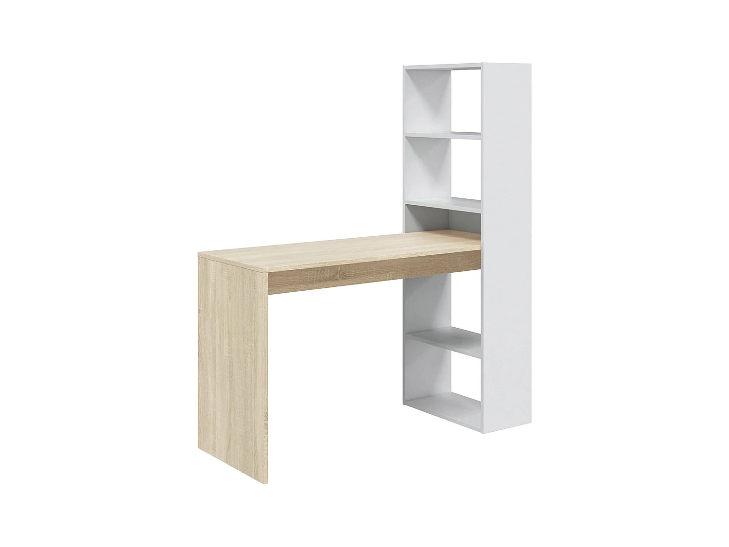 Bureau Dacarte, Bureau multifonction réversible avec bibliothèque 5 étagères, Table d'étude ou de bureau pour support livre PC, 120x53h144 cm, Blanc et Chêne