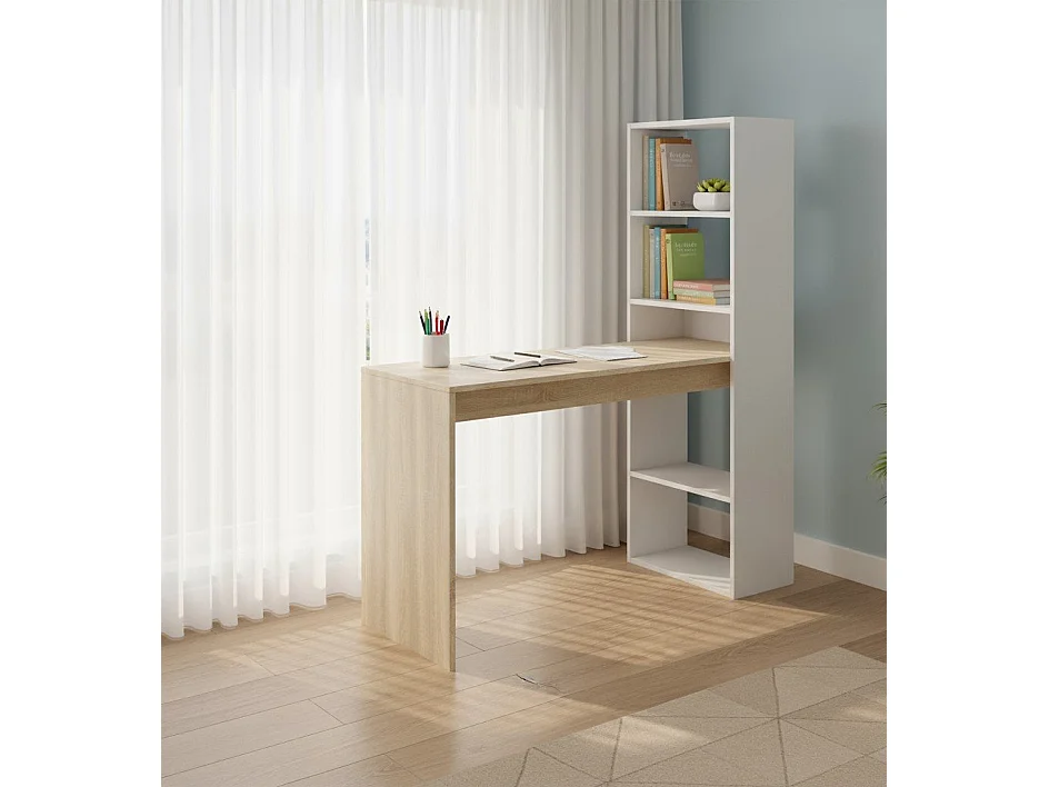 Bureau Dacarte, Bureau multifonction réversible avec bibliothèque 5 étagères, Table d'étude ou de bureau pour support livre PC, 120x53h144 cm, Blanc et Chêne