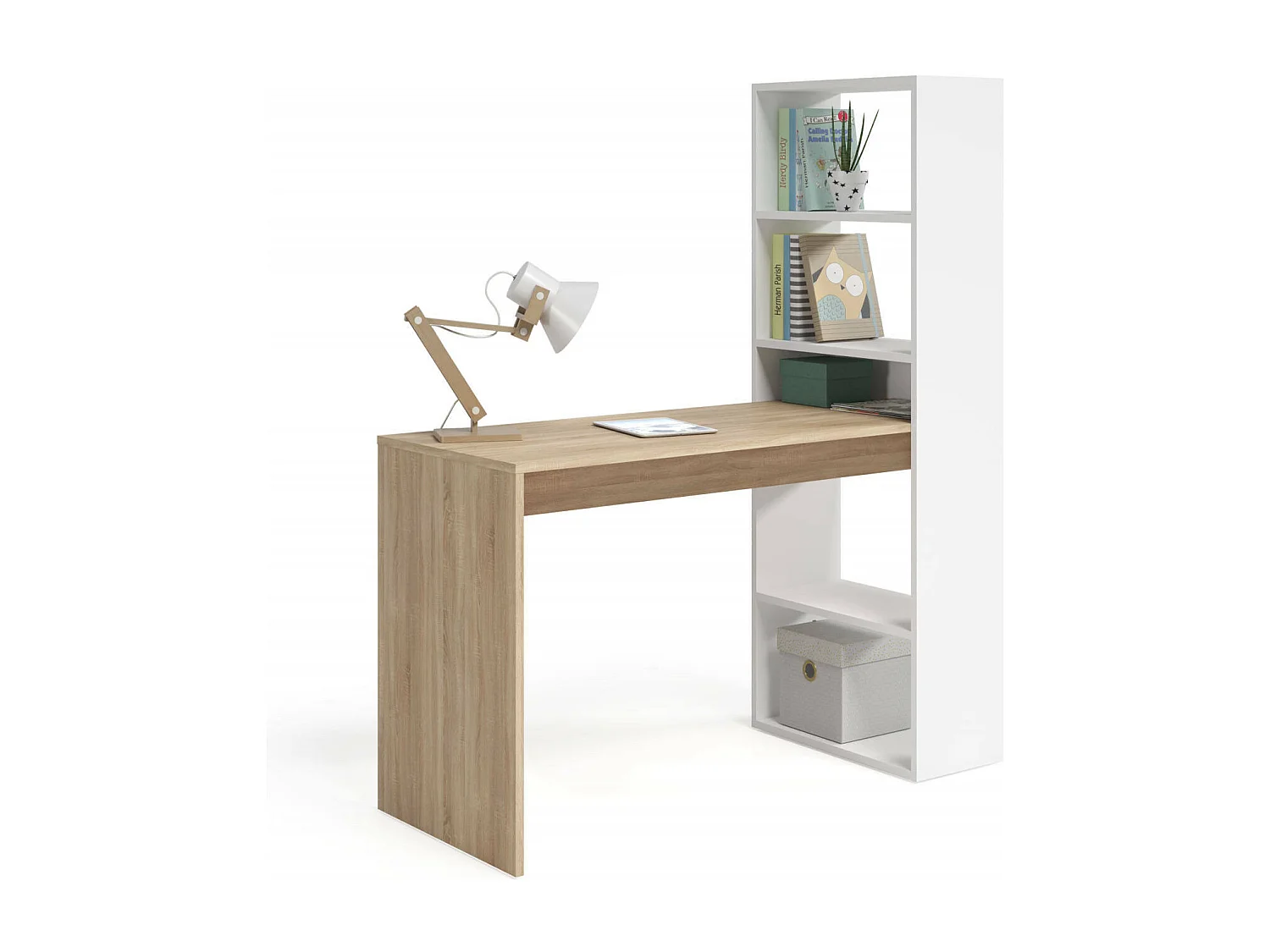 Bureau Dacarte, Bureau multifonction réversible avec bibliothèque 5 étagères, Table d'étude ou de bureau pour support livre PC, 120x53h144 cm, Blanc et Chêne
