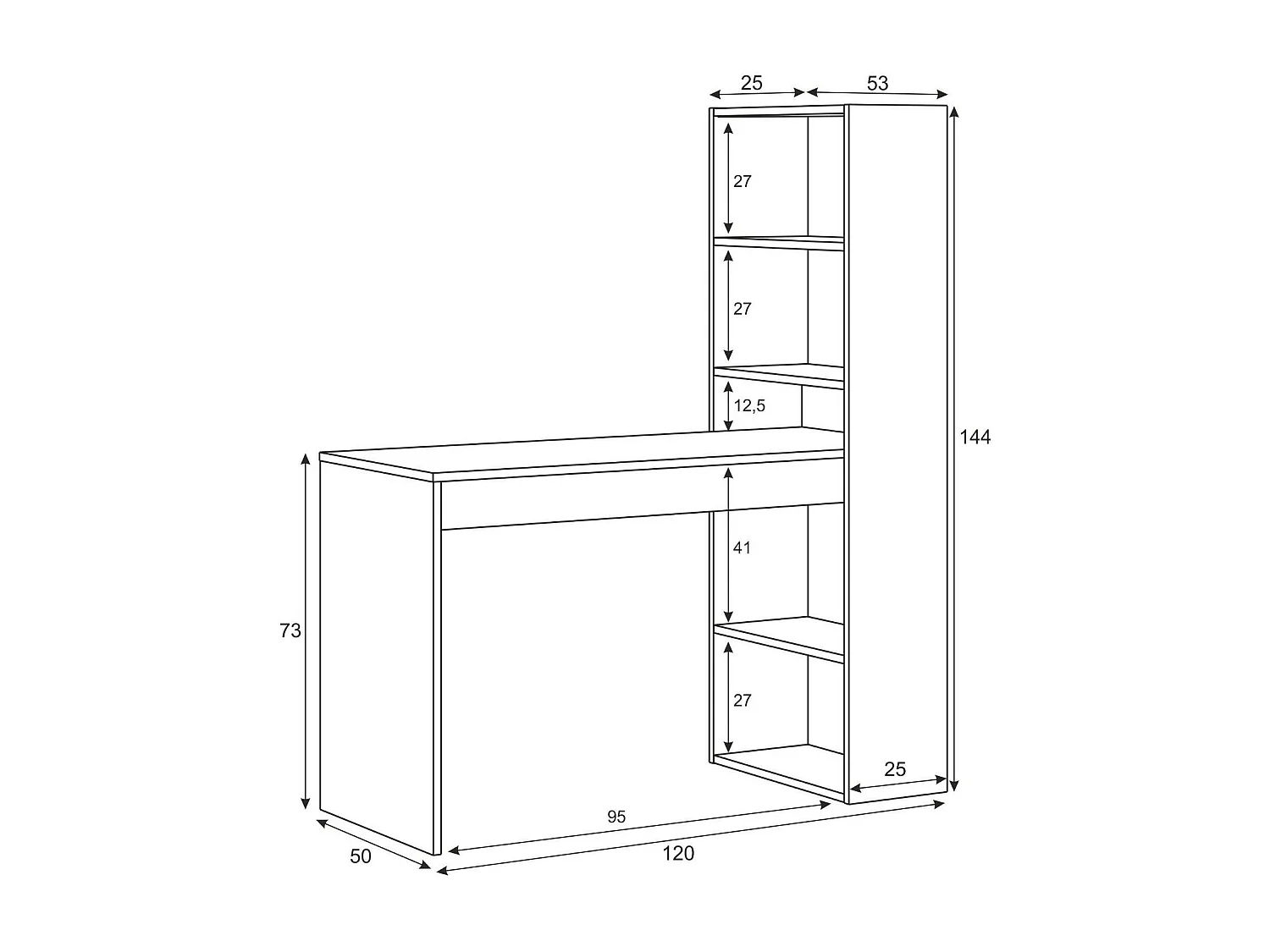 Scrivania Ali, Modulabile, 53x120x144h cm Bianco Opaco