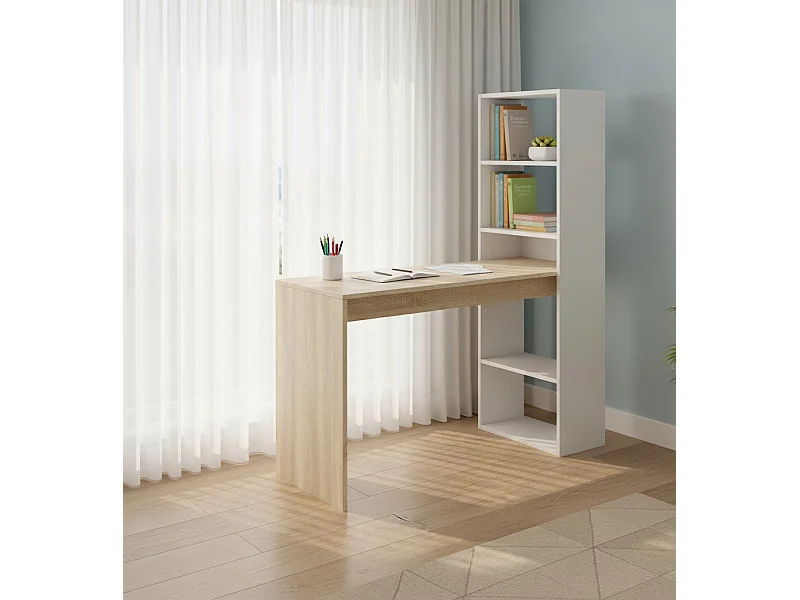 Schreibtisch Dacarte, Wendeschreibtisch mit Bücherregal mit 5 Böden, Studier- oder Bürotisch für PC-Buchhalter, 120x53h144 cm, WeiÃŸ und Eiche