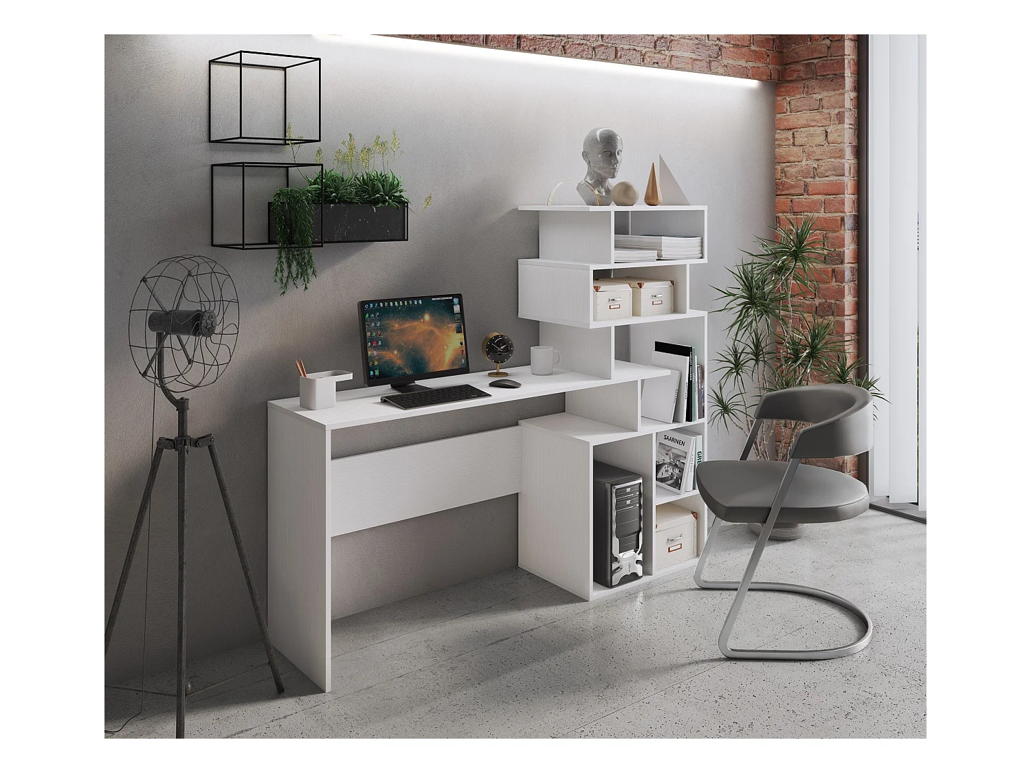 Bureau 0, Modern bureau met boekenkast met open vakken, Studeer- of kantoortafel voor pc-boekenhouder, Cm 160x40h135, Wit