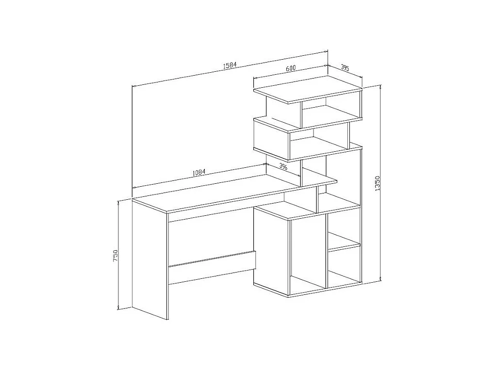 Bureau 0, Modern bureau met boekenkast met open vakken, Studeer- of kantoortafel voor pc-boekenhouder, Cm 160x40h135, Wit