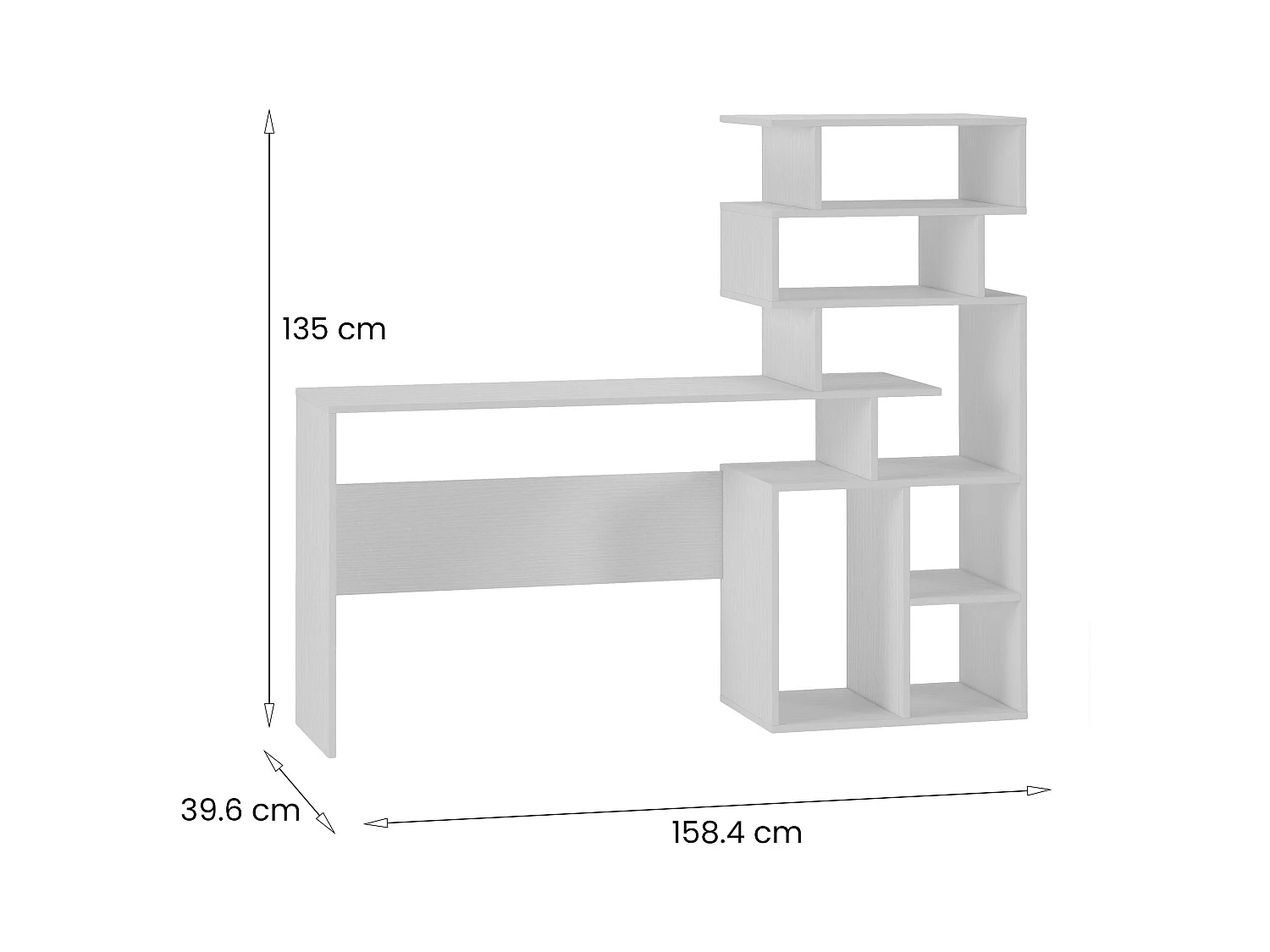 Bureau 0, Modern bureau met boekenkast met open vakken, Studeer- of kantoortafel voor pc-boekenhouder, Cm 160x40h135, Wit