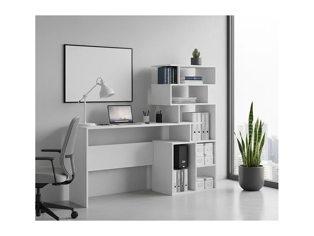 Bureau 0, Modern bureau met boekenkast met open vakken, Studeer- of kantoortafel voor pc-boekenhouder, Cm 160x40h135, Wit