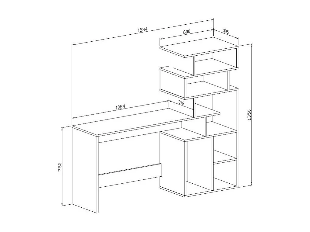 Secretária 0, Secretária moderna com estante com compartimentos abertos, Mesa de estudo ou escritório para suporte de livros para PC, Cm 160x40h135, Branco
