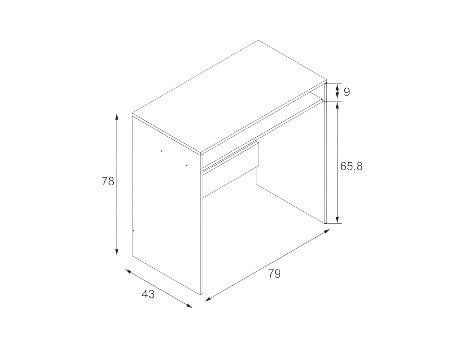 Dmachi bureau, Lineair bureau met vaste plank, Studeer- of kantoortafel voor pc, 79x43h78 cm, Wit houteffect