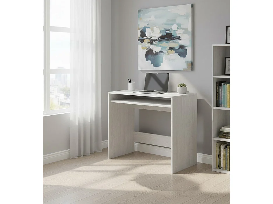 Mesa Dmachi, Mesa linear com prateleira fixa, Mesa de estudo ou escritório para PC, 79x43h78 cm, Efeito madeira branca