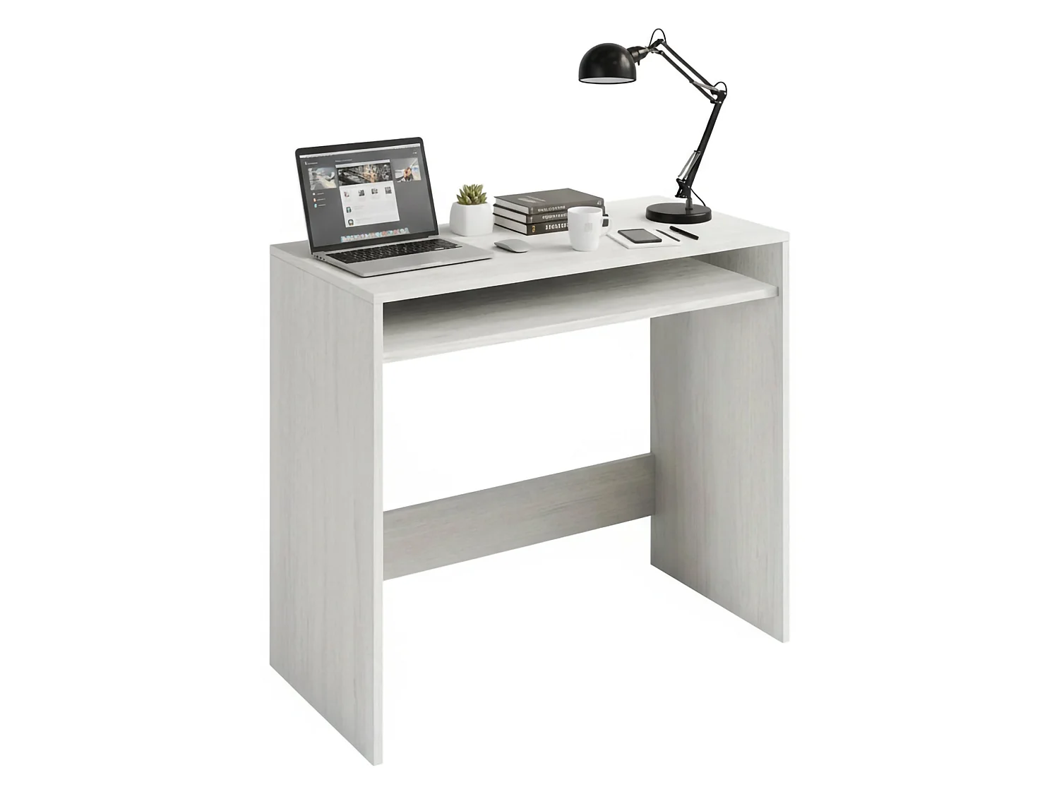Escritorio Dmachi, Escritorio lineal con balda fija, Mesa de estudio u oficina para PC, 79x43h78 cm, Efecto madera blanca