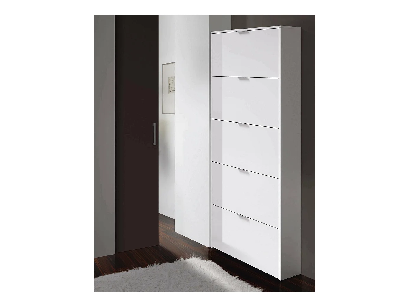 Meuble à chaussures Danobile, Meuble à chaussures avec 5 portes battantes, Range-chaussures d'entrée haute, Range-chaussures moderne, 70x17h180 cm, Blanc brillant